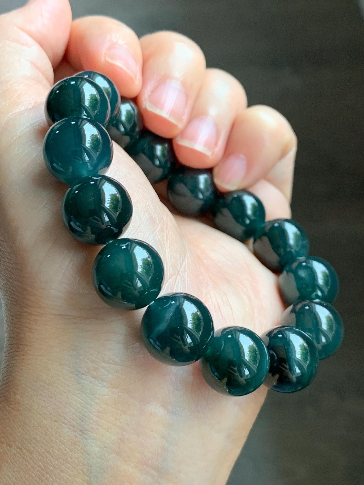 LARGE Natural Grade A Guatemalan Icy Translucent Dark Teal Green Jade Jadeite Beaded Bracelet 13.9mm 7.75” 69g 天然冰危深老蓝水翡翠大卡手串 WDS660B