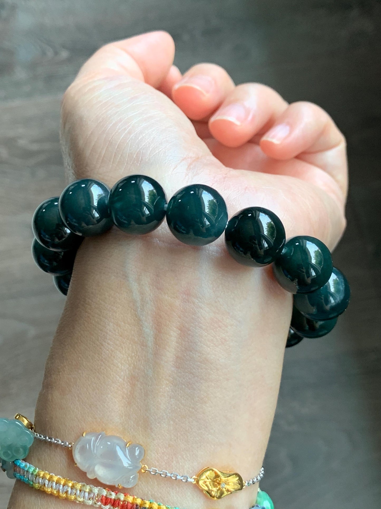 LARGE Natural Grade A Guatemalan Icy Translucent Dark Teal Green Jade Jadeite Beaded Bracelet 13.9mm 7.75” 69g 天然冰危深老蓝水翡翠大卡手串 WDS660B
