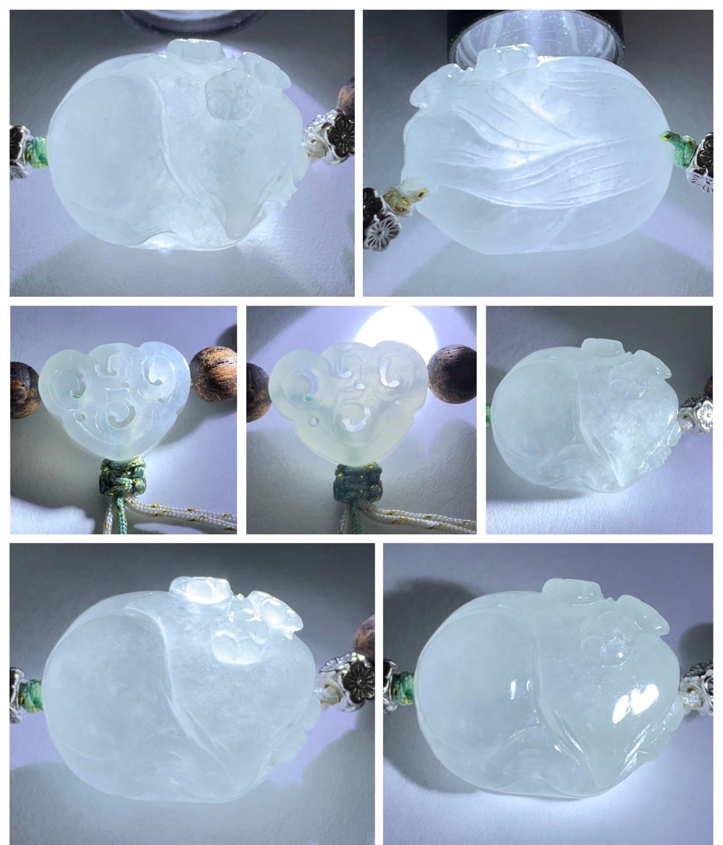 Natural Grade A Icy Translucent White Jade Jadeite Nine-tailed Fox Ruyi Charm Wood Beads Beaded Bracelet 7” 13g 天然白冰胶翡翠九尾狐如意珠木珠手串 MBH311