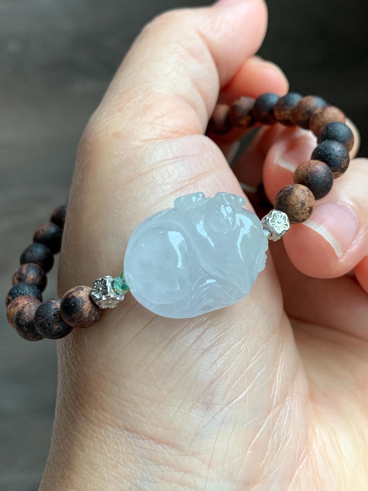 Natural Grade A Icy Translucent White Jade Jadeite Nine-tailed Fox Ruyi Charm Wood Beads Beaded Bracelet 7” 13g 天然白冰胶翡翠九尾狐如意珠木珠手串 MBH311