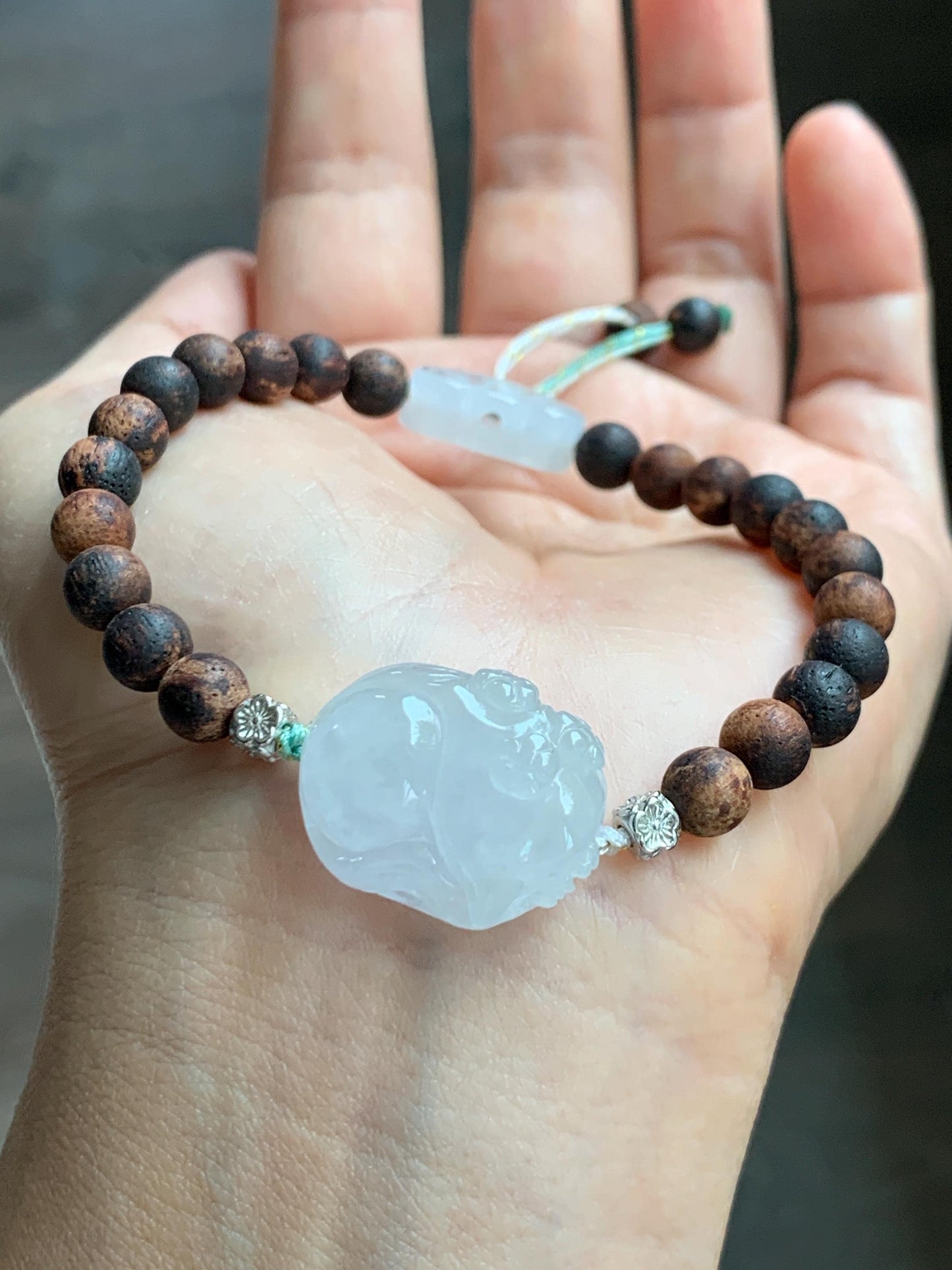 Natural Grade A Icy Translucent White Jade Jadeite Nine-tailed Fox Ruyi Charm Wood Beads Beaded Bracelet 7” 13g 天然白冰胶翡翠九尾狐如意珠木珠手串 MBH311