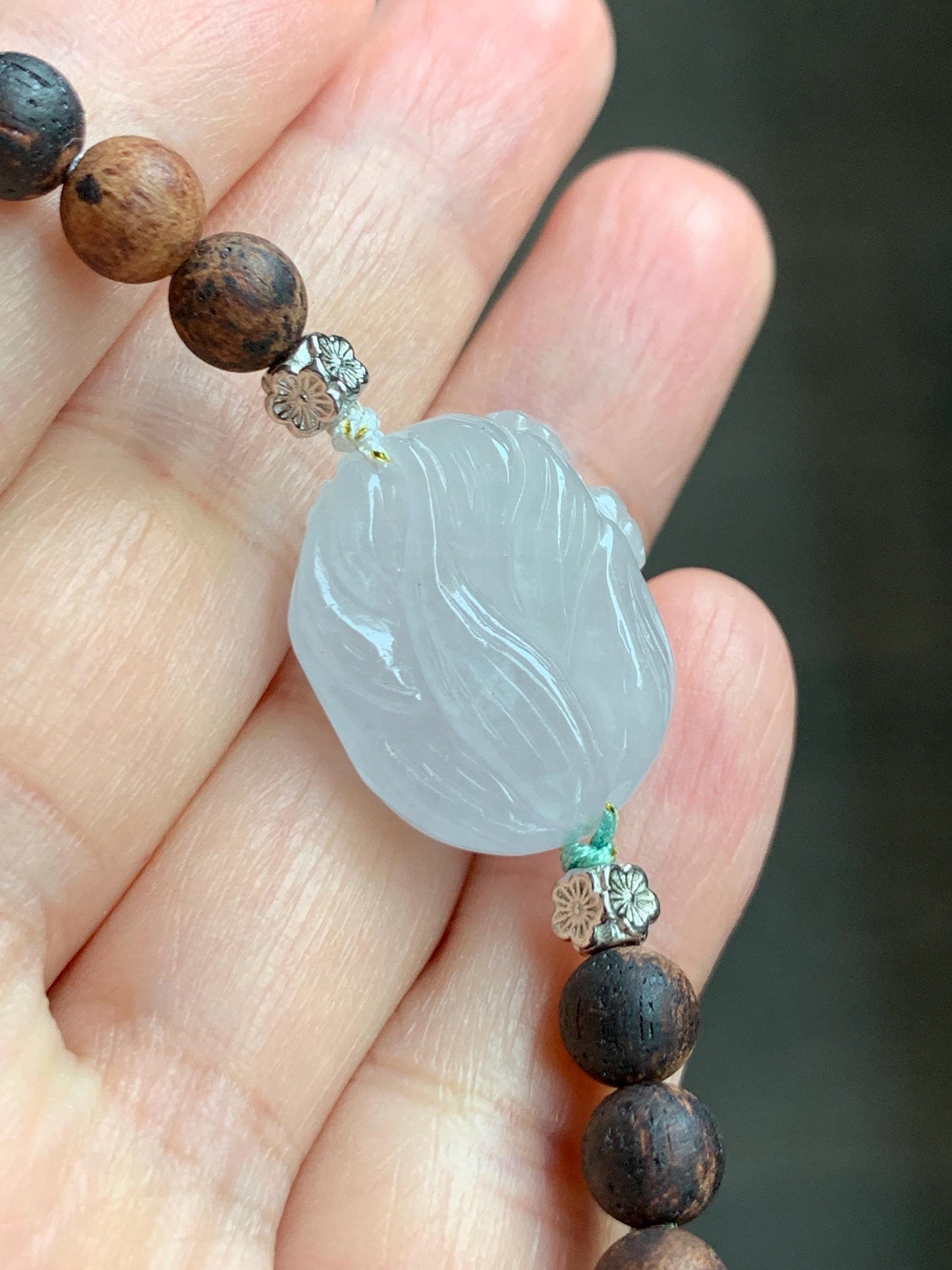 Natural Grade A Icy Translucent White Jade Jadeite Nine-tailed Fox Ruyi Charm Wood Beads Beaded Bracelet 7” 13g 天然白冰胶翡翠九尾狐如意珠木珠手串 MBH311