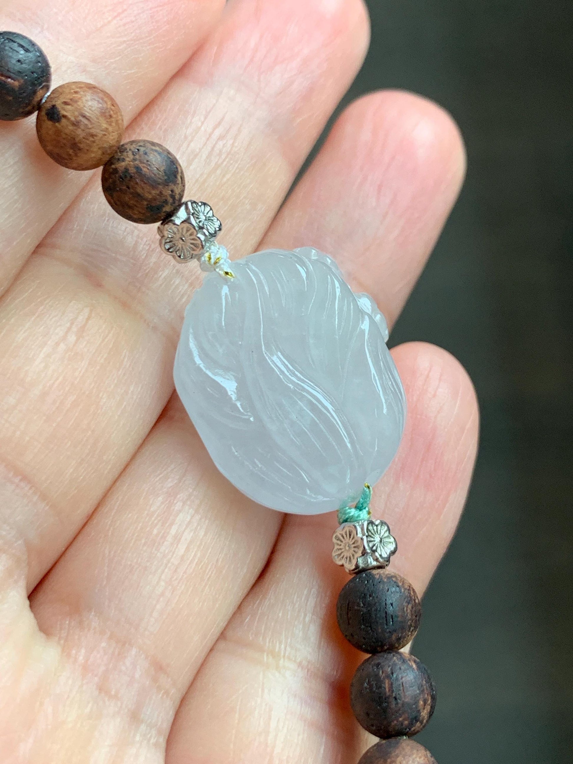 Natural Grade A Icy Translucent White Jade Jadeite Nine-tailed Fox Ruyi Charm Wood Beads Beaded Bracelet 7” 13g 天然白冰胶翡翠九尾狐如意珠木珠手串 MBH311