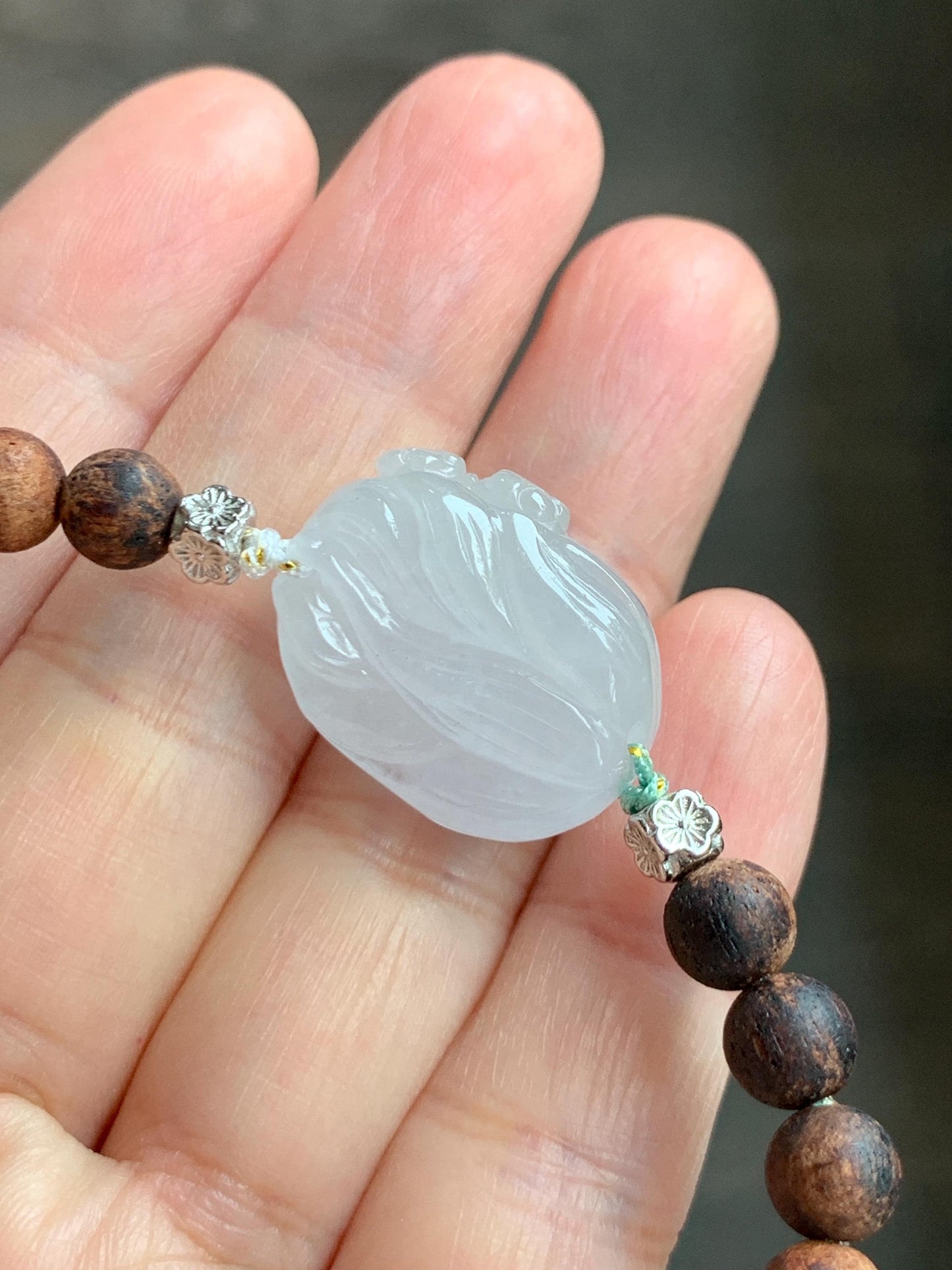 Natural Grade A Icy Translucent White Jade Jadeite Nine-tailed Fox Ruyi Charm Wood Beads Beaded Bracelet 7” 13g 天然白冰胶翡翠九尾狐如意珠木珠手串 MBH311