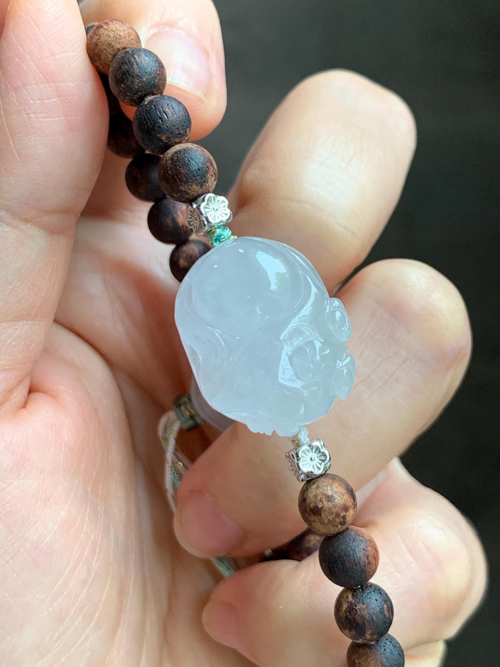 Natural Grade A Icy Translucent White Jade Jadeite Nine-tailed Fox Ruyi Charm Wood Beads Beaded Bracelet 7” 13g 天然白冰胶翡翠九尾狐如意珠木珠手串 MBH311