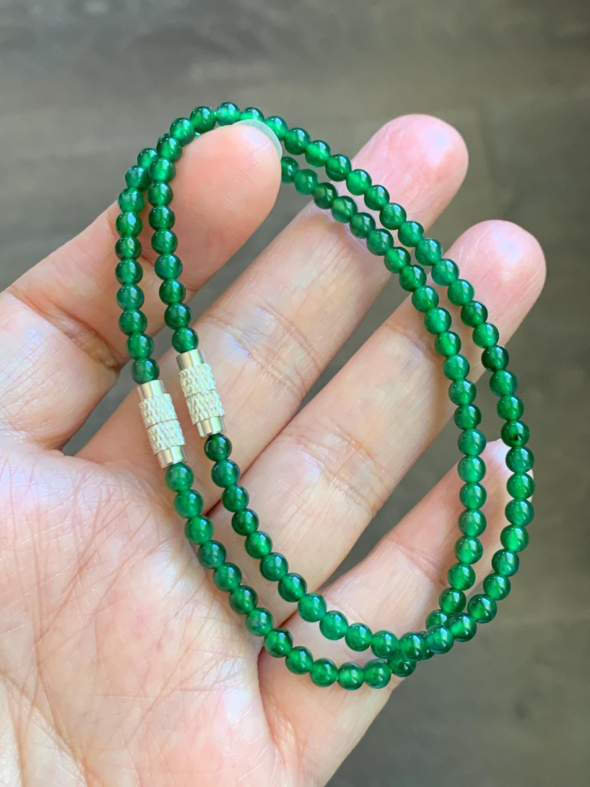 Natural Grade A Guatemalan Icy Highly Translucent Vibrant Green Jadeite Petite Beads Beaded Bracelet 7.25” 3.5mm 5g 天然冰危绿翡翠小卡圆珠手串 WXL240