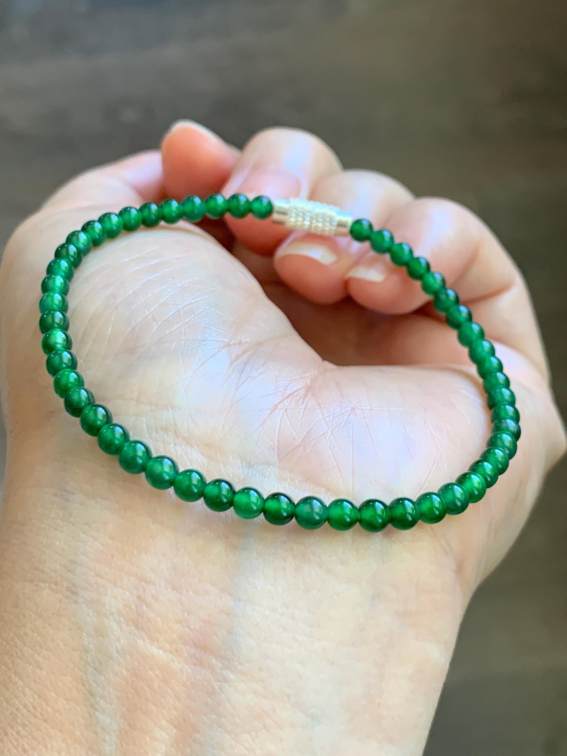 Natural Grade A Guatemalan Icy Highly Translucent Vibrant Green Jadeite Petite Beads Beaded Bracelet 7.25” 3.5mm 5g 天然冰危绿翡翠小卡圆珠手串 WXL240
