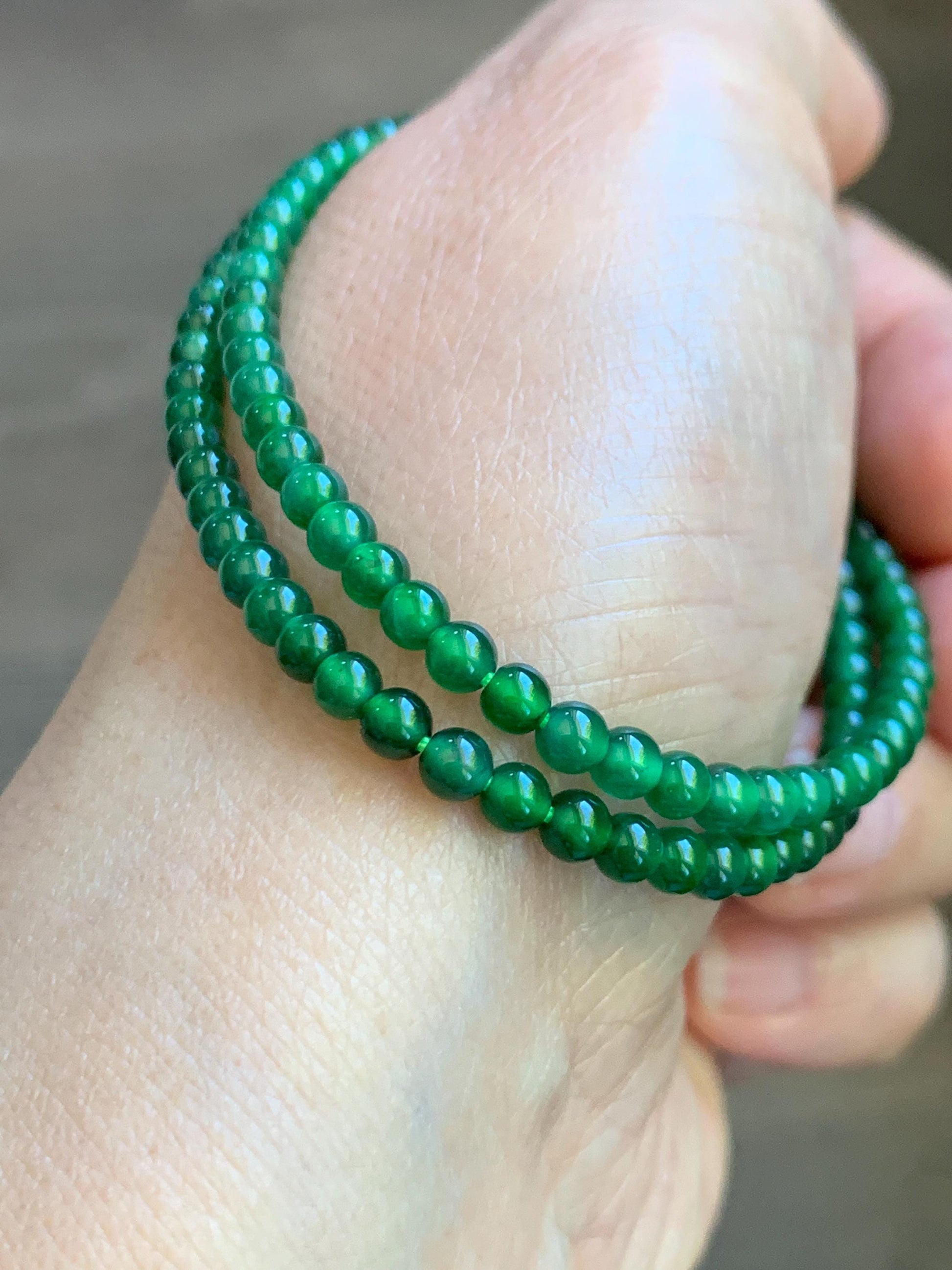Natural Grade A Guatemalan Icy Highly Translucent Vibrant Green Jadeite Petite Beads Beaded Bracelet 7.25” 3.5mm 5g 天然冰危绿翡翠小卡圆珠手串 WXL240
