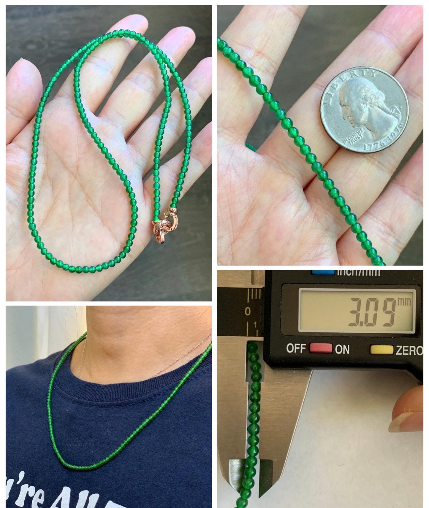 Natural Grade A Guatemalan Icy Vibrant Green Jade Jadeite Petite Beads Beaded Necklace Sterling Silver 3mm 19.75” 10g 天然冰危绿翡翠小圆珠项链 WVL660A
