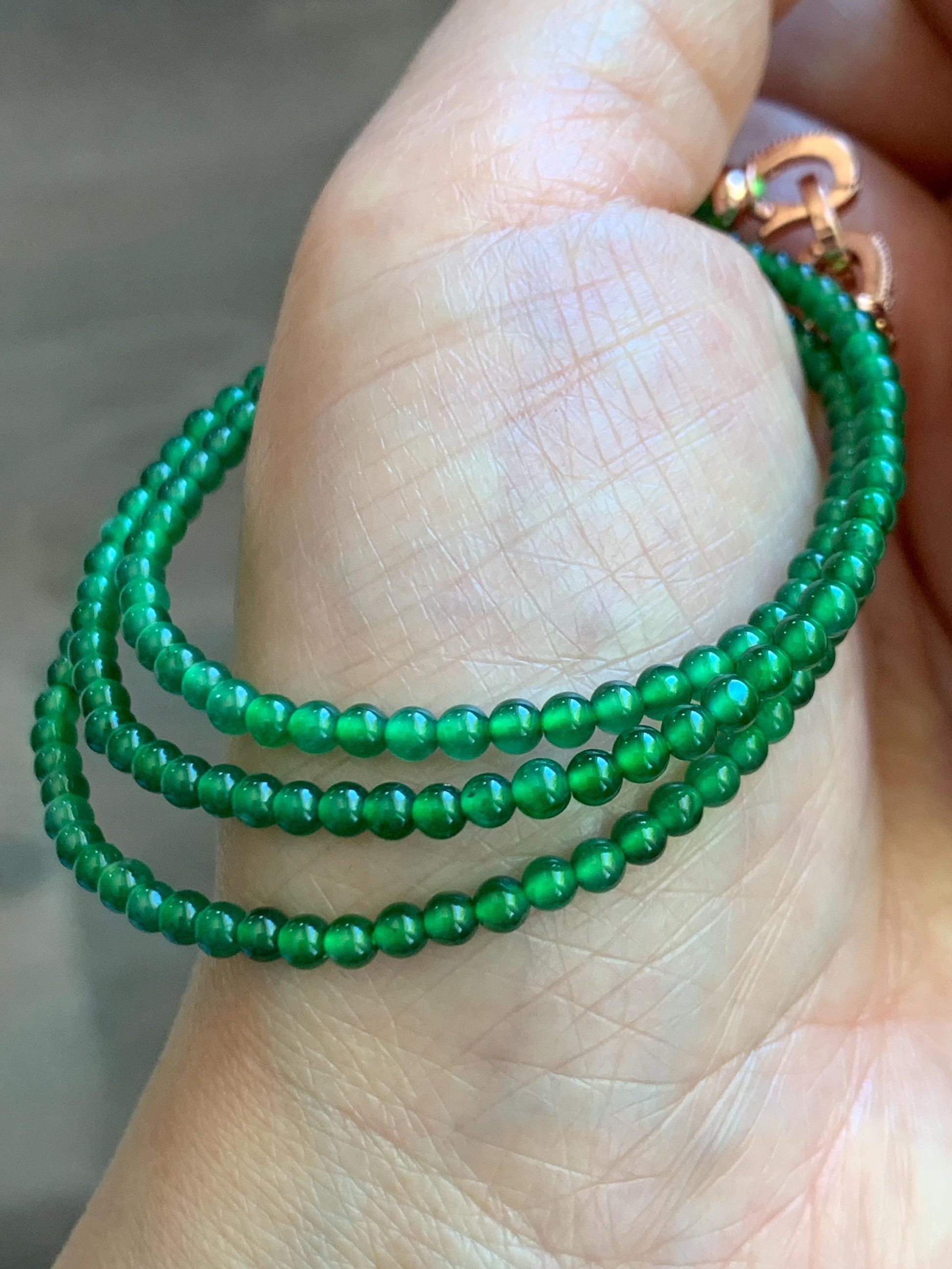 Natural Grade A Guatemalan Icy Vibrant Green Jade Jadeite Petite Beads Beaded Necklace Sterling Silver 3mm 19.75” 10g 天然冰危绿翡翠小圆珠项链 WVL660A