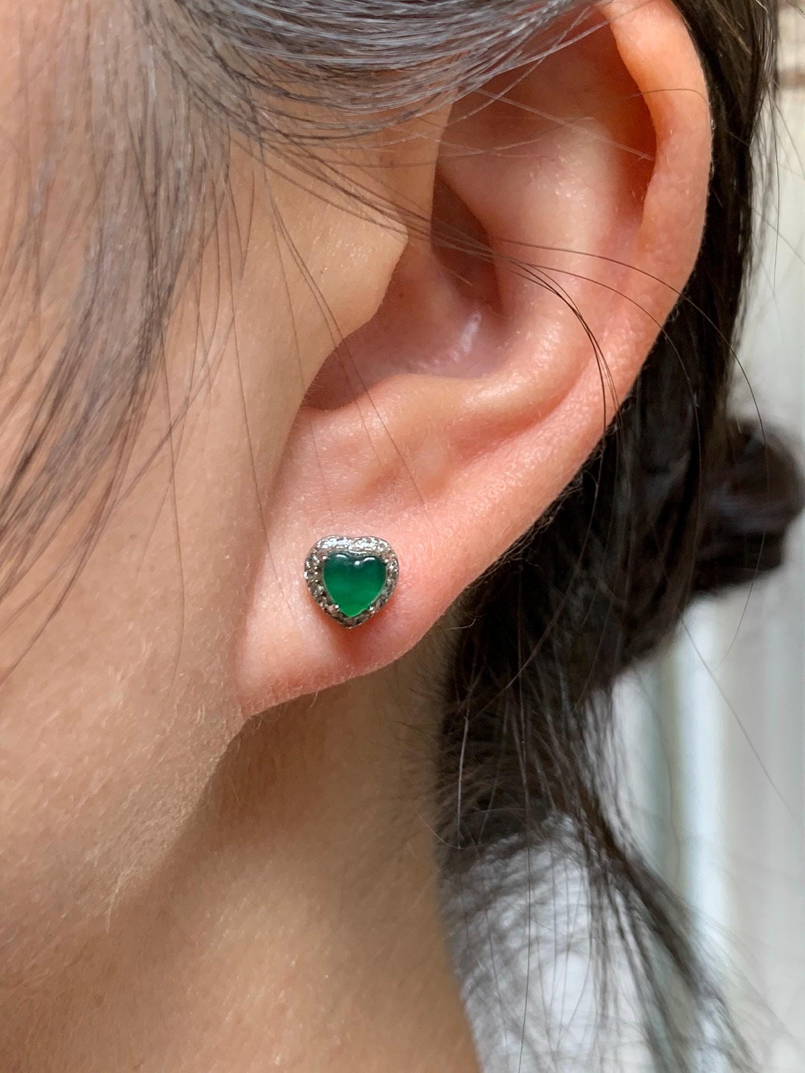 Natural Grade A Guatemalan Icy Translucent Green Jade Jadeite Heart Halo Stud Earrings Sterling Silver 天然冰危绿翡翠爱心银耳钉 AXD110