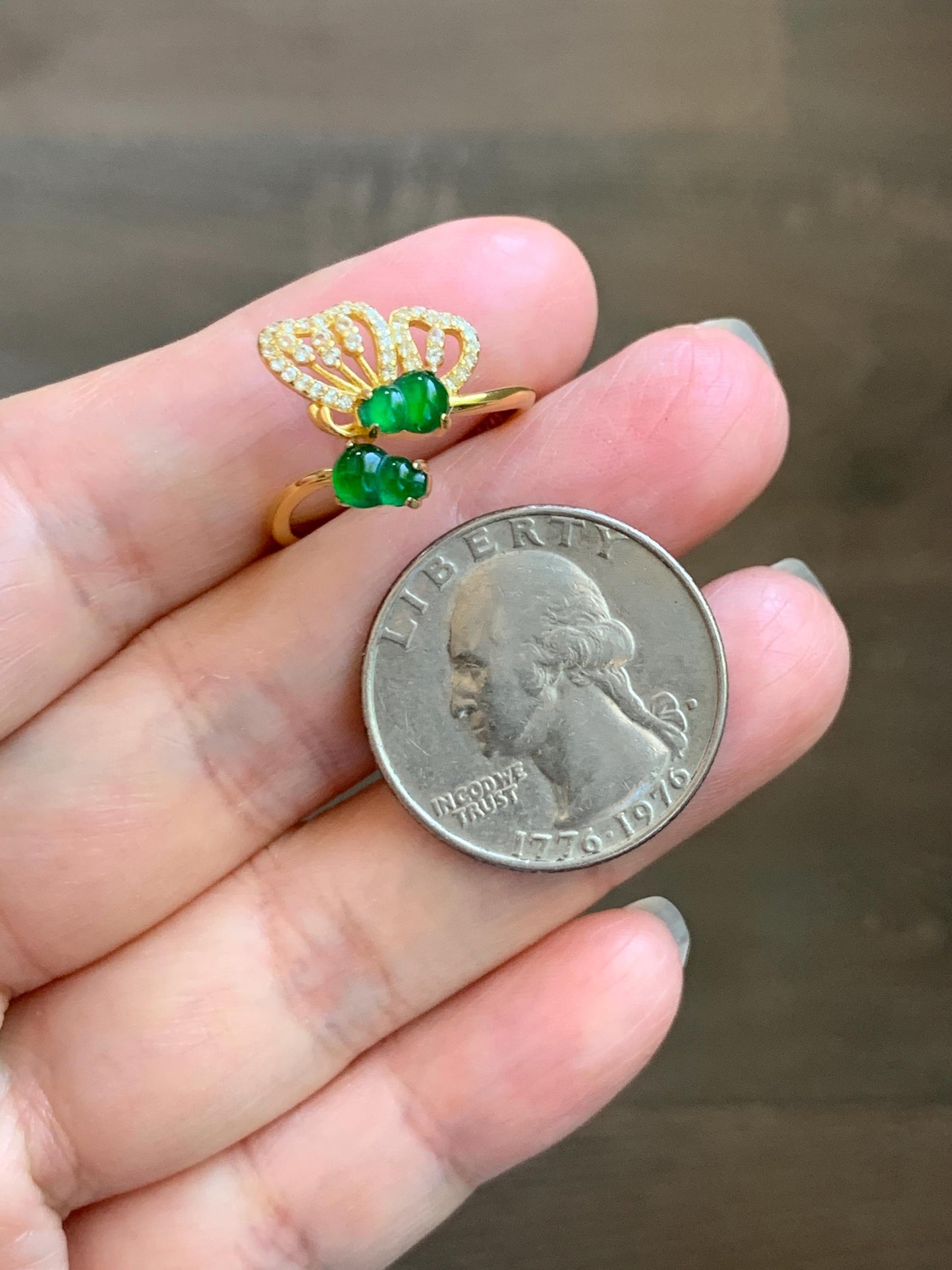Natural Grade A Guatemalan Icy Translucent Vibrant Green Jade Jadeite Gourd Hulu Ring Sterling Silver Size 7 Adjustable 天然冰危绿翡翠双葫芦戒指 SHL176B