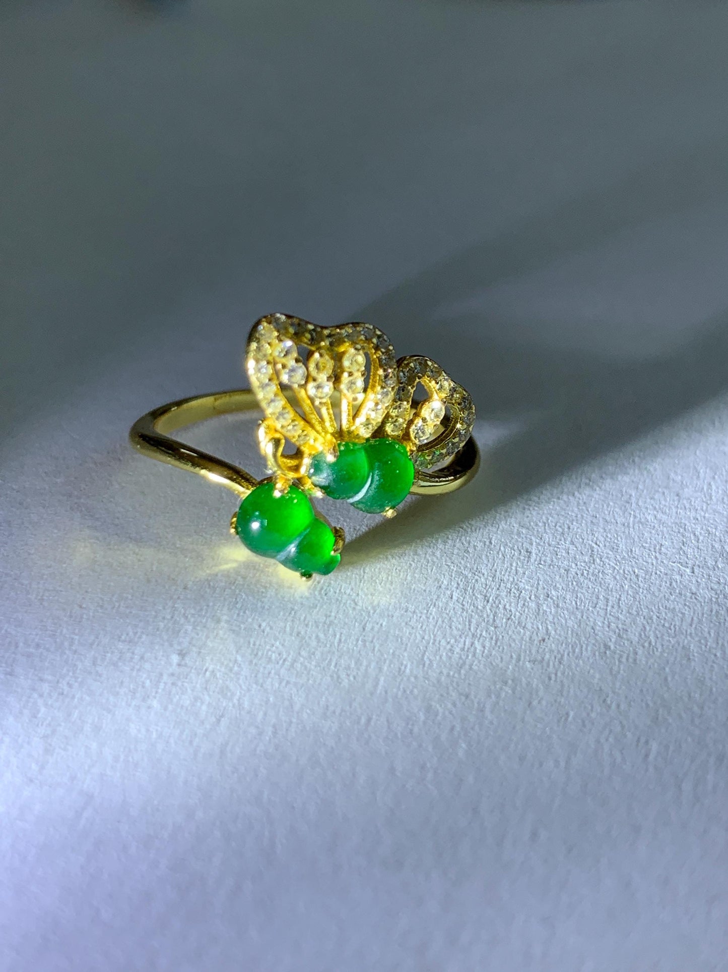 Natural Grade A Guatemalan Icy Translucent Vibrant Green Jade Jadeite Gourd Hulu Ring Sterling Silver Size 7 Adjustable 天然冰危绿翡翠双葫芦戒指 SHL176B