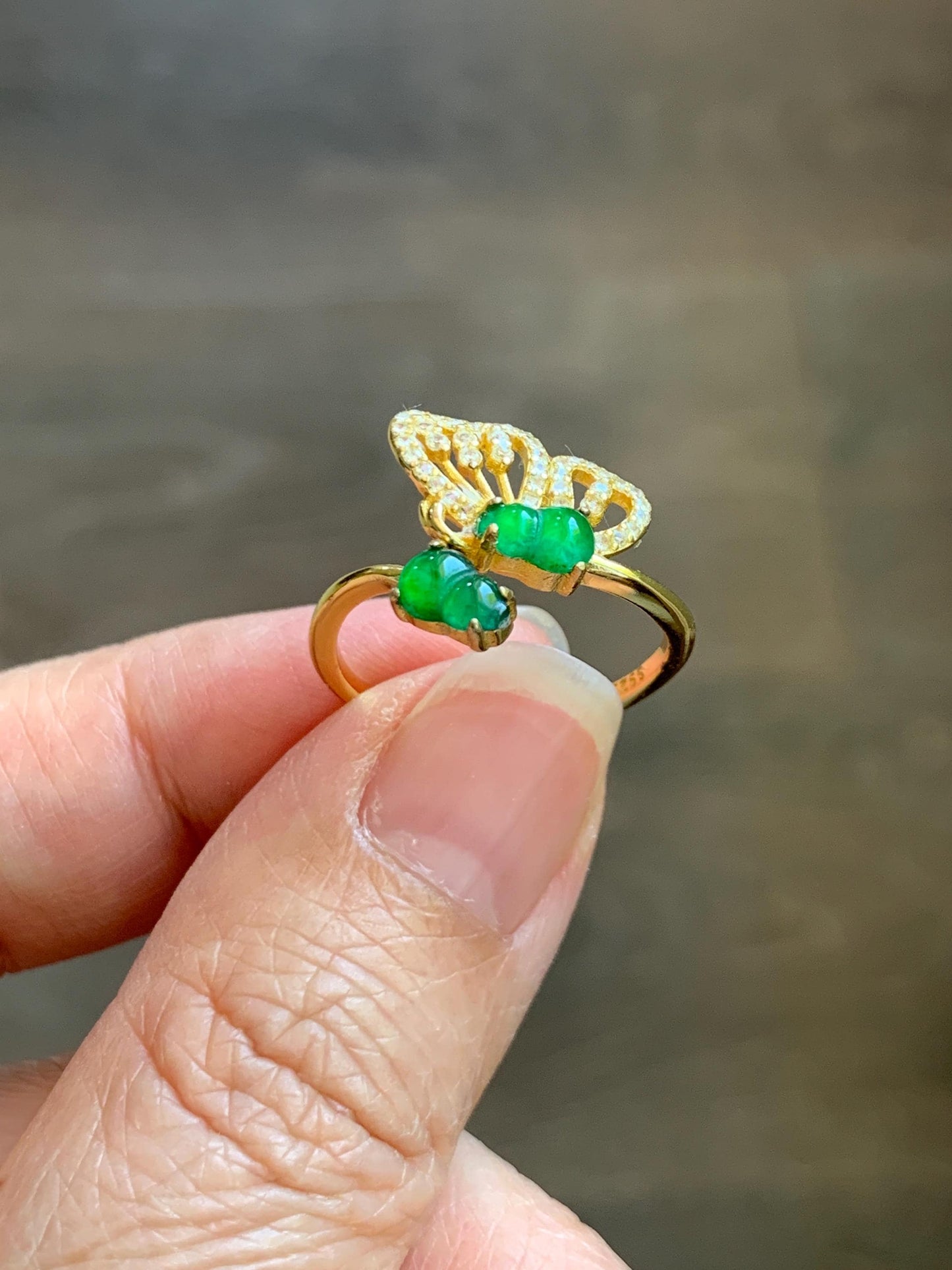 Natural Grade A Guatemalan Icy Vibrant Green Jade Jadeite Gourd Hulu Ring Sterling Silver Size 7 Adjustable AS IS 天然冰危绿翡翠双葫芦戒指 SHL176A