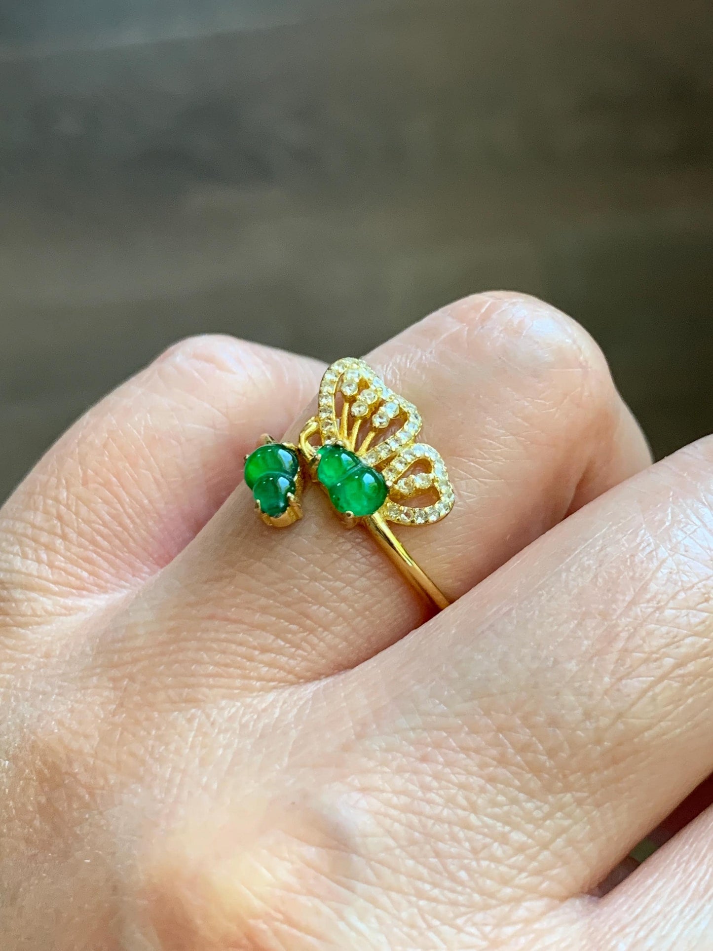 Natural Grade A Guatemalan Icy Vibrant Green Jade Jadeite Gourd Hulu Ring Sterling Silver Size 7 Adjustable AS IS 天然冰危绿翡翠双葫芦戒指 SHL176A