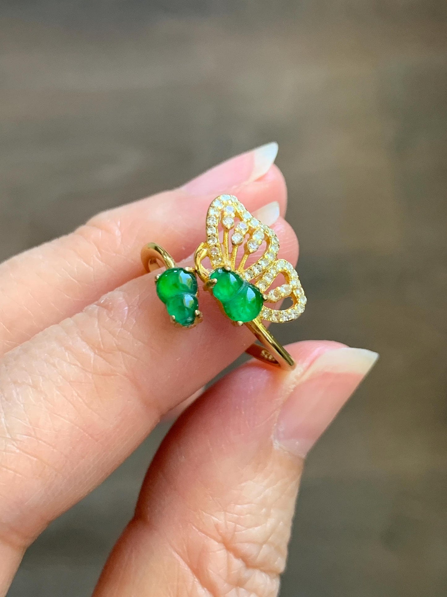 Natural Grade A Guatemalan Icy Vibrant Green Jade Jadeite Gourd Hulu Ring Sterling Silver Size 7 Adjustable AS IS 天然冰危绿翡翠双葫芦戒指 SHL176A
