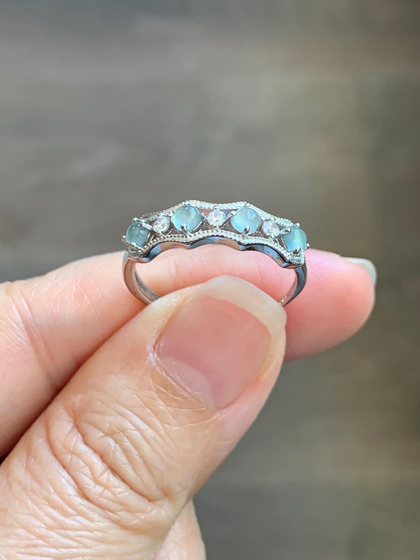 Natural Grade A Guatemalan Icy Highly Translucent Pale Blue Jade Jadeite 4-Stone Band Ring Sterling Silver Size Adjustable 天然冰危淡蓝翡翠排戒 WQLP77