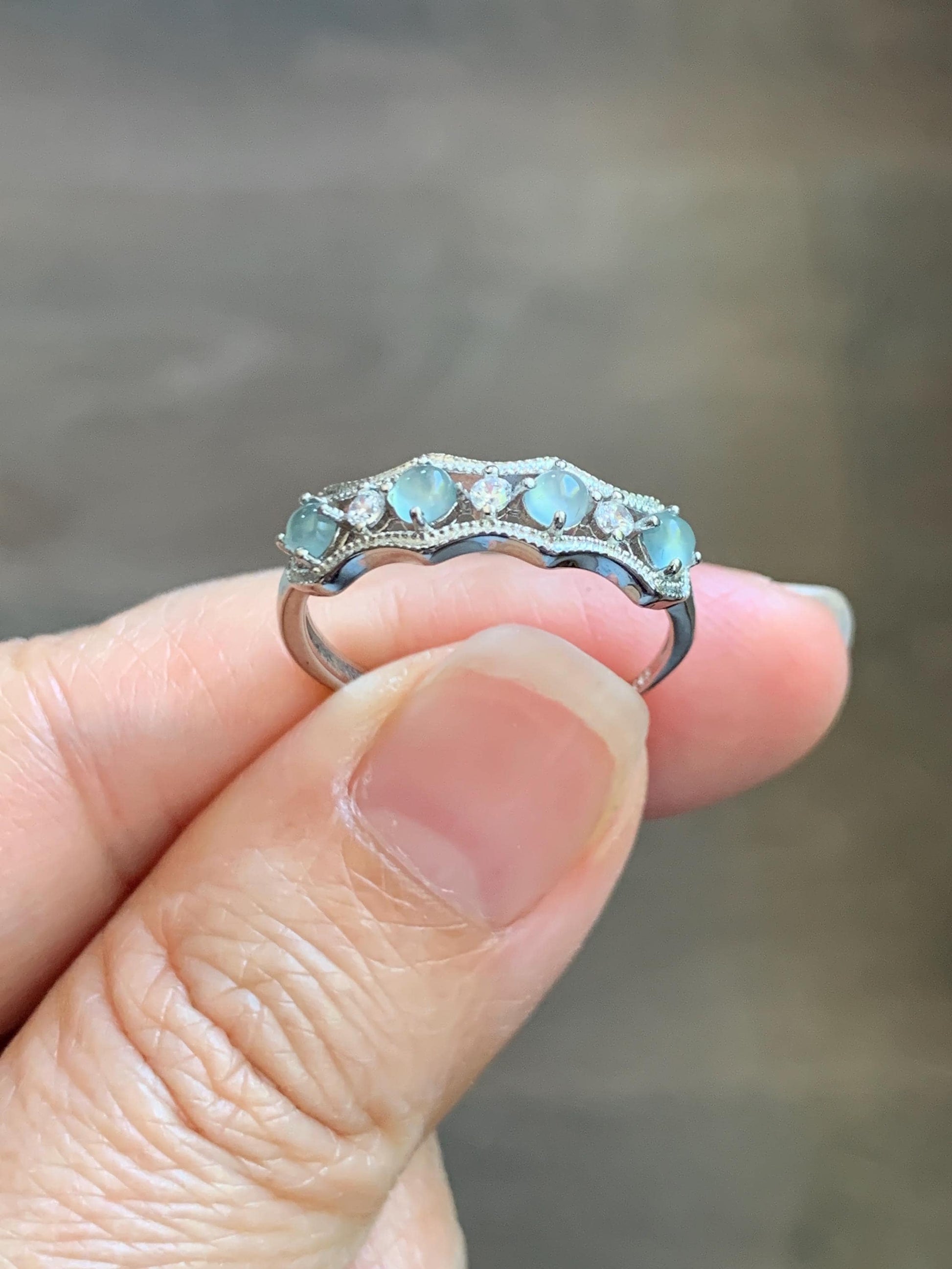 Natural Grade A Guatemalan Icy Highly Translucent Pale Blue Jade Jadeite 4-Stone Band Ring Sterling Silver Size Adjustable 天然冰危淡蓝翡翠排戒 WQLP77