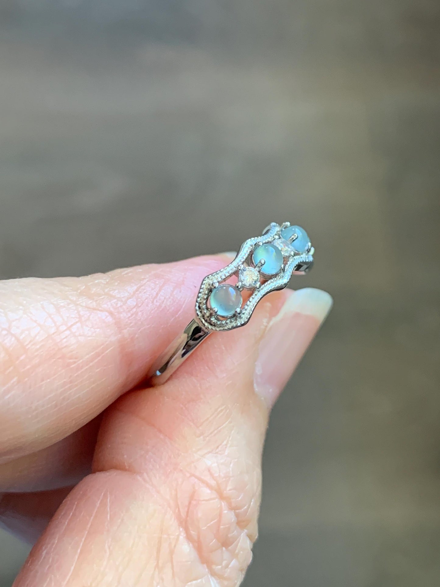Natural Grade A Guatemalan Icy Highly Translucent Pale Blue Jade Jadeite 4-Stone Band Ring Sterling Silver Size Adjustable 天然冰危淡蓝翡翠排戒 WQLP77