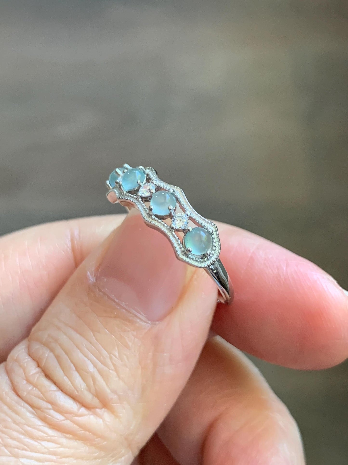 Natural Grade A Guatemalan Icy Highly Translucent Pale Blue Jade Jadeite 4-Stone Band Ring Sterling Silver Size Adjustable 天然冰危淡蓝翡翠排戒 WQLP77