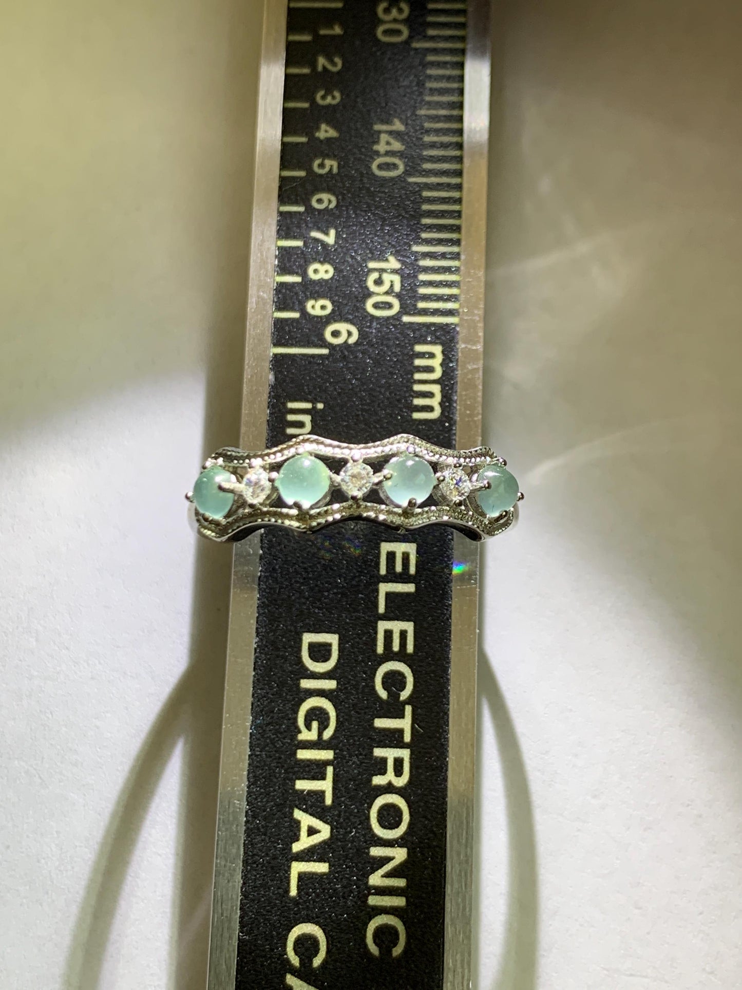Natural Grade A Guatemalan Icy Highly Translucent Pale Blue Jade Jadeite 4-Stone Band Ring Sterling Silver Size Adjustable 天然冰危淡蓝翡翠排戒 WQLP77