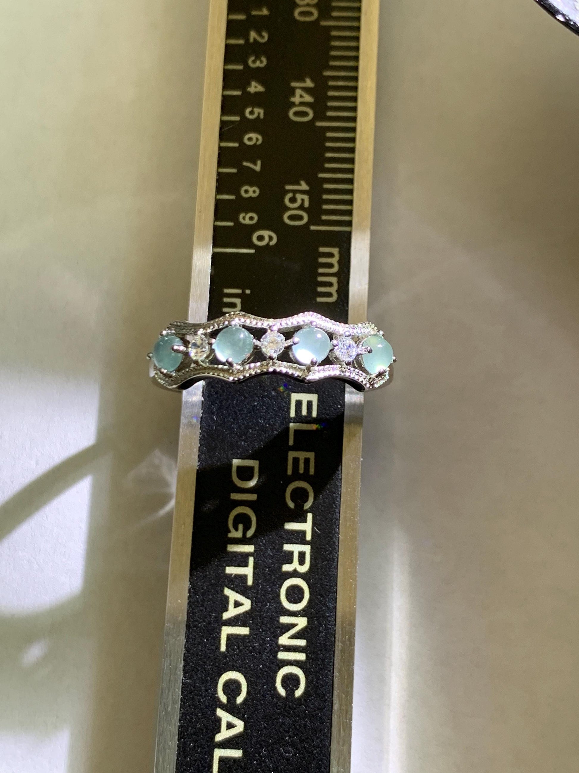 Natural Grade A Guatemalan Icy Highly Translucent Pale Blue Jade Jadeite 4-Stone Band Ring Sterling Silver Size Adjustable 天然冰危淡蓝翡翠排戒 WQLP77