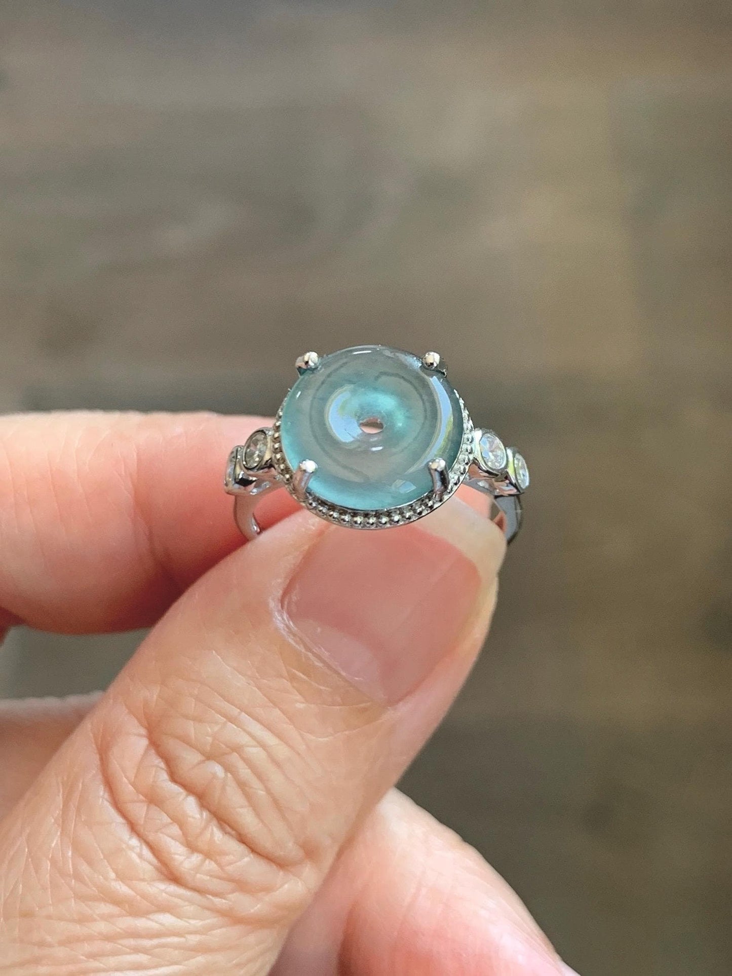 Natural Grade A Guatemalan Icy Translucent Teal Blue Jade Jadeite Donut Ping An Kou Ring Sterling Silver Size 7 Adjustable 天然冰危蓝翡翠平安扣戒指WLK88