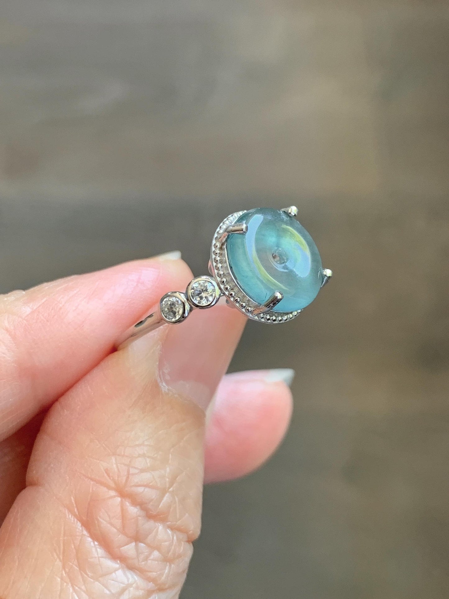 Natural Grade A Guatemalan Icy Translucent Teal Blue Jade Jadeite Donut Ping An Kou Ring Sterling Silver Size 7 Adjustable 天然冰危蓝翡翠平安扣戒指WLK88