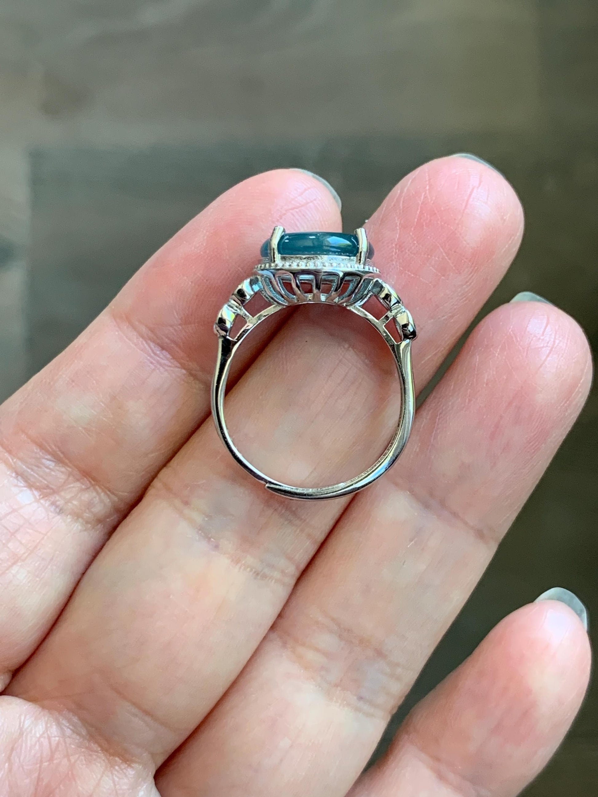 Natural Grade A Guatemalan Icy Translucent Teal Blue Jade Jadeite Donut Ping An Kou Ring Sterling Silver Size 7 Adjustable 天然冰危蓝翡翠平安扣戒指WLK88