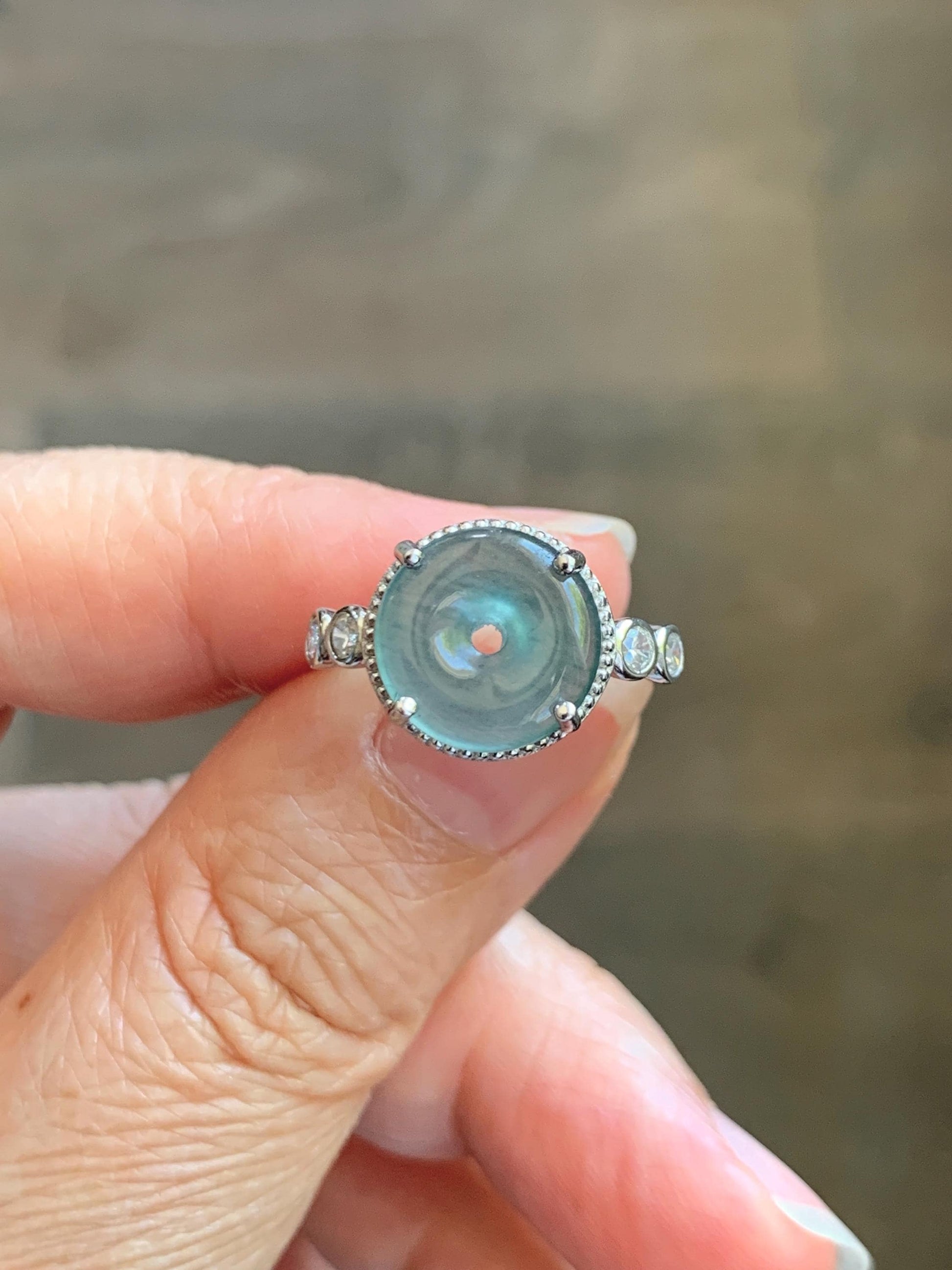 Natural Grade A Guatemalan Icy Translucent Teal Blue Jade Jadeite Donut Ping An Kou Ring Sterling Silver Size 7 Adjustable 天然冰危蓝翡翠平安扣戒指WLK88