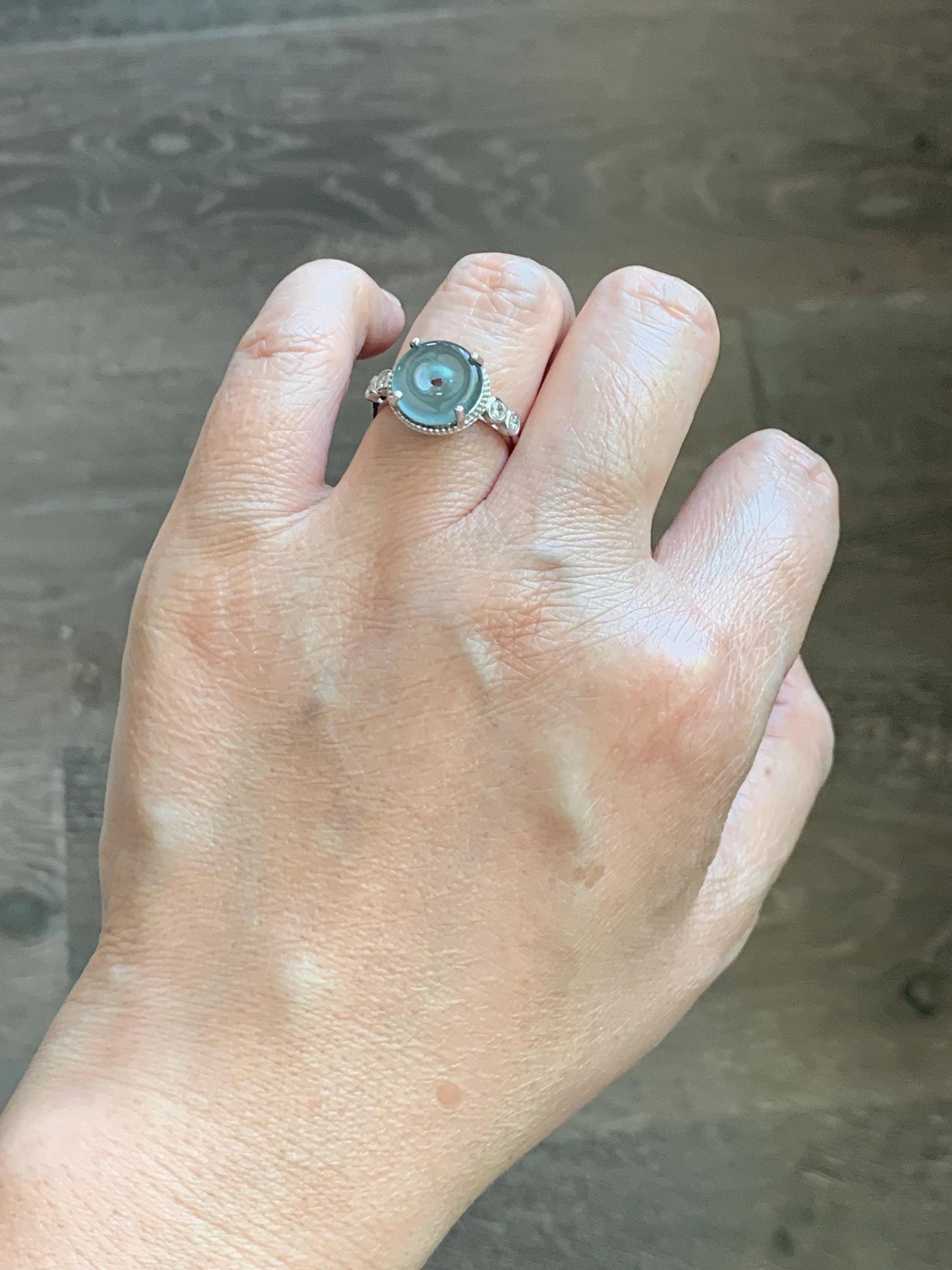 Natural Grade A Guatemalan Icy Translucent Teal Blue Jade Jadeite Donut Ping An Kou Ring Sterling Silver Size 7 Adjustable 天然冰危蓝翡翠平安扣戒指WLK88