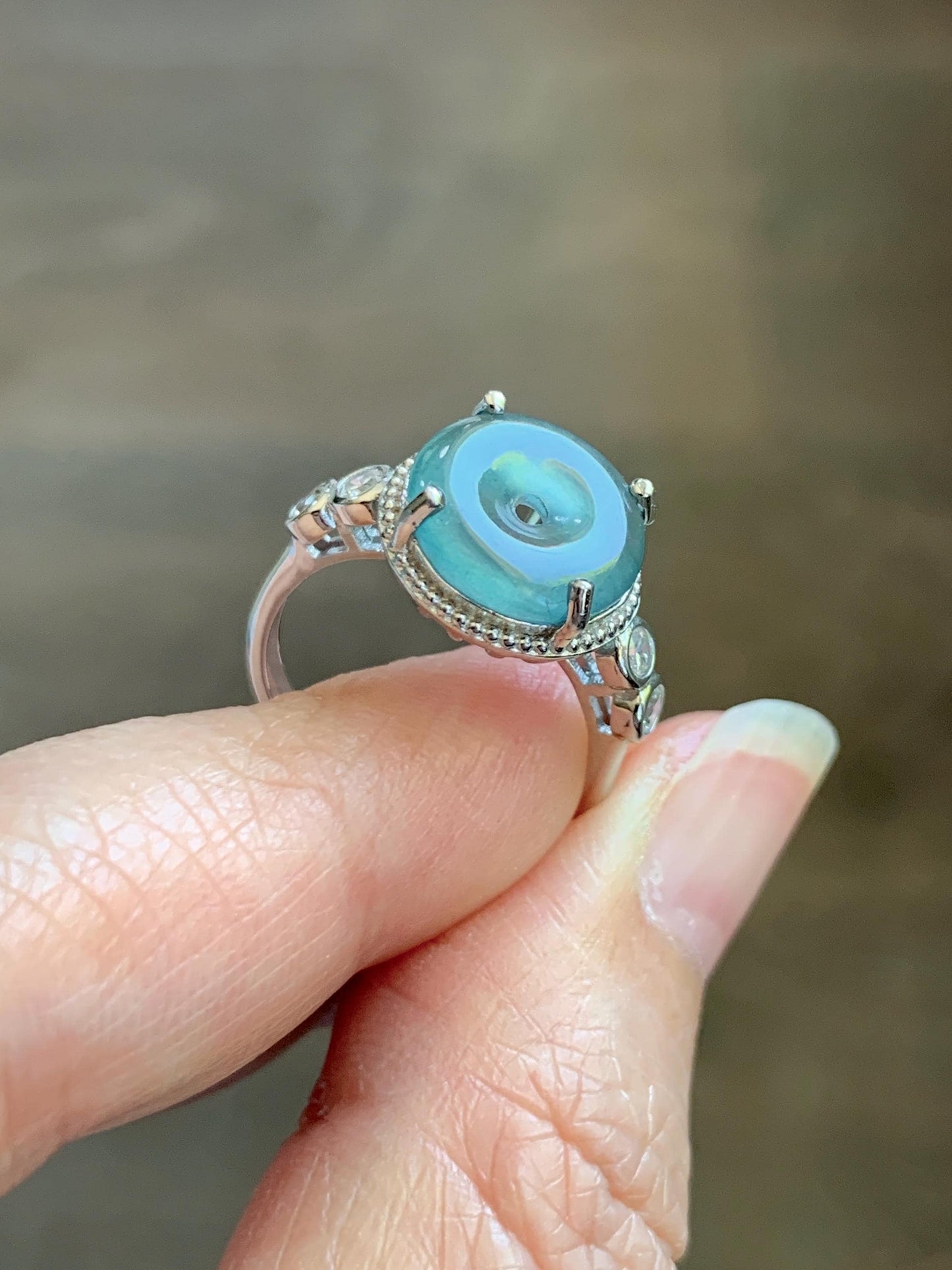 Natural Grade A Guatemalan Icy Translucent Teal Blue Jade Jadeite Donut Ping An Kou Ring Sterling Silver Size 7 Adjustable 天然冰危蓝翡翠平安扣戒指WLK88