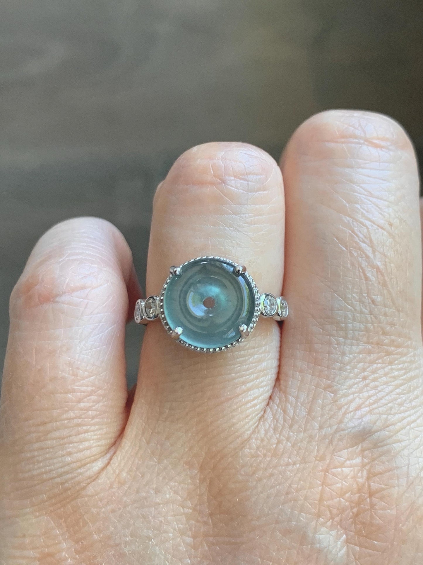 Natural Grade A Guatemalan Icy Translucent Teal Blue Jade Jadeite Donut Ping An Kou Ring Sterling Silver Size 7 Adjustable 天然冰危蓝翡翠平安扣戒指WLK88