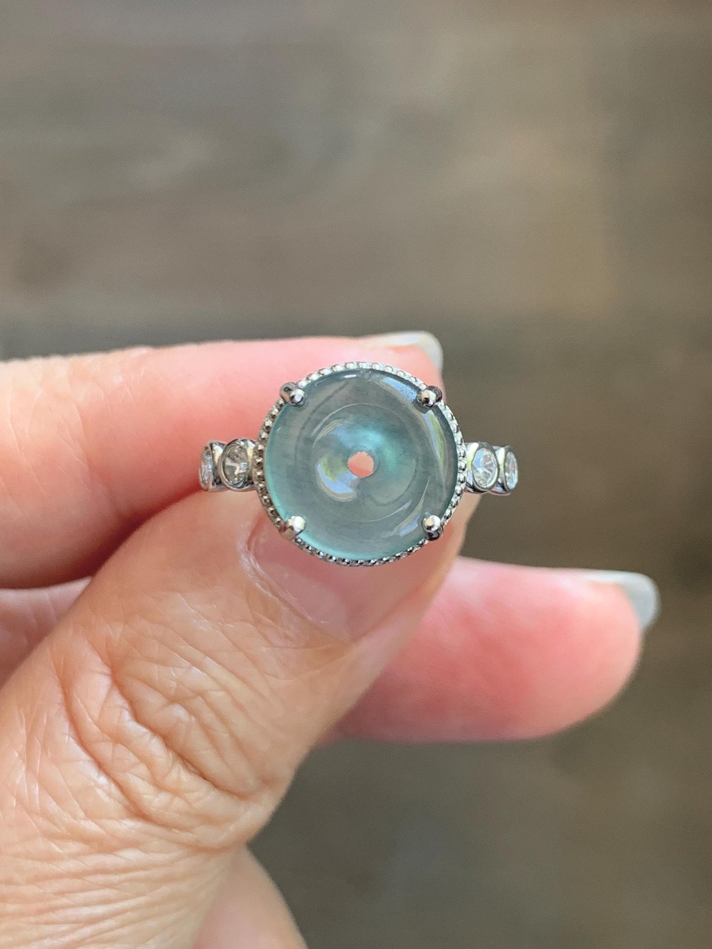Natural Grade A Guatemalan Icy Translucent Teal Blue Jade Jadeite Donut Ping An Kou Ring Sterling Silver Size 7 Adjustable 天然冰危蓝翡翠平安扣戒指WLK88
