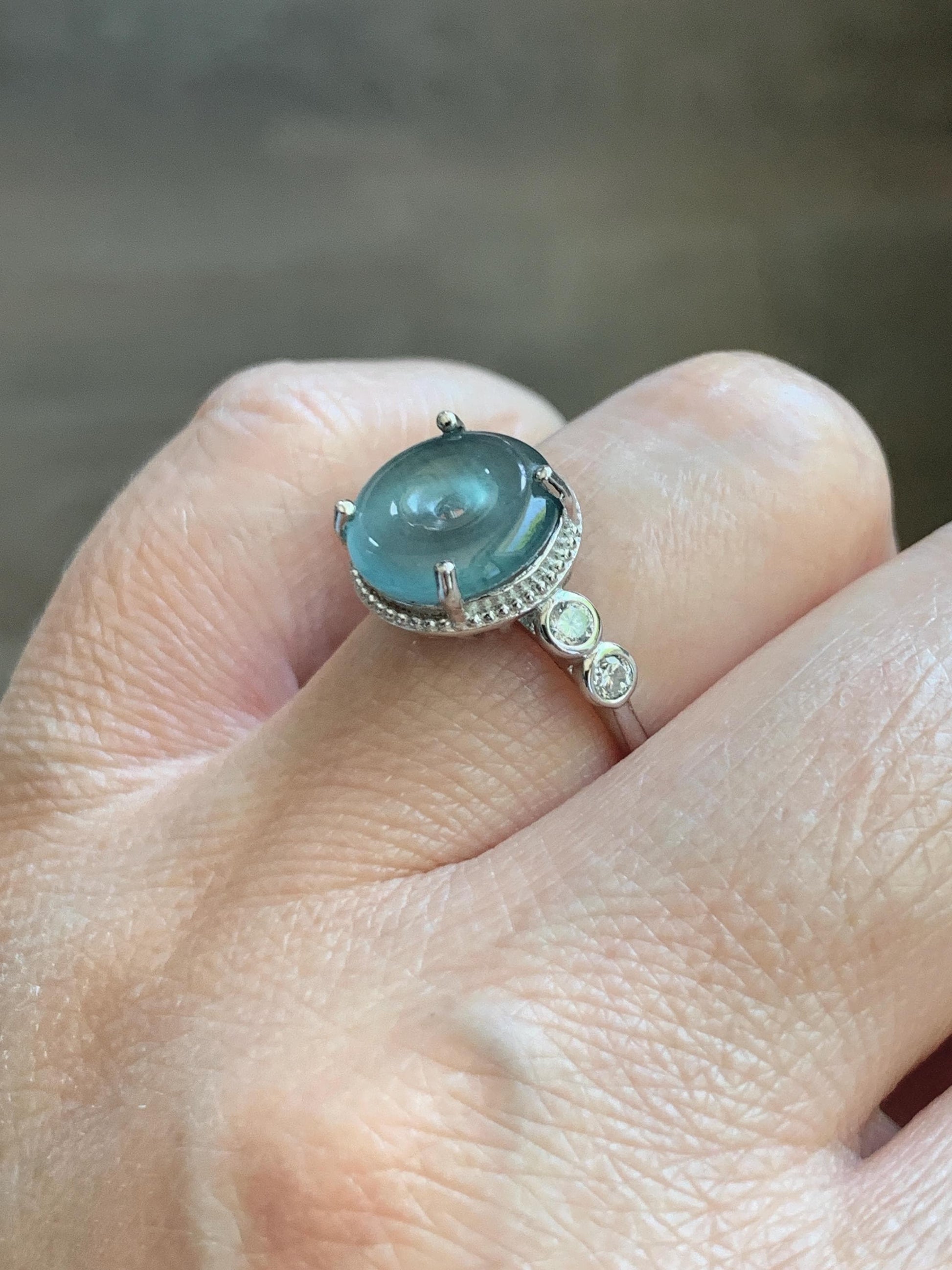 Natural Grade A Guatemalan Icy Translucent Teal Blue Jade Jadeite Donut Ping An Kou Ring Sterling Silver Size 7 Adjustable 天然冰危蓝翡翠平安扣戒指WLK88