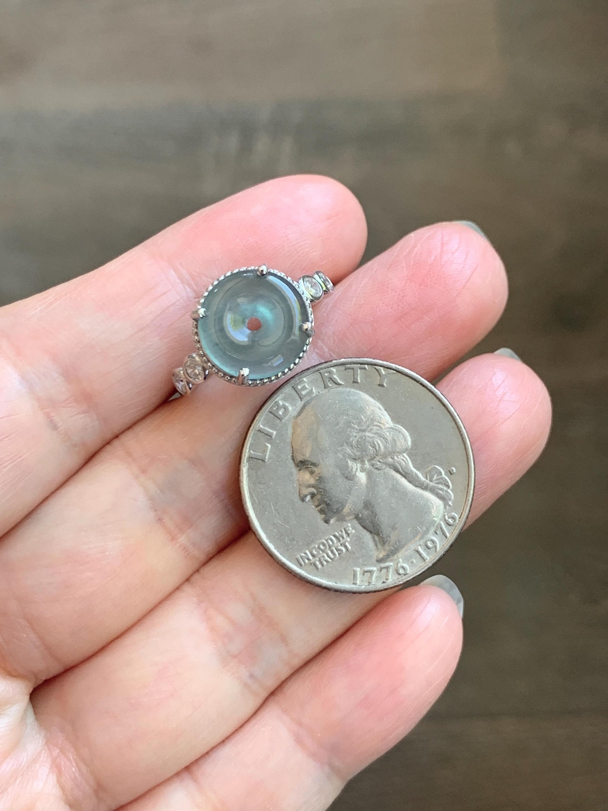 Natural Grade A Guatemalan Icy Translucent Teal Blue Jade Jadeite Donut Ping An Kou Ring Sterling Silver Size 7 Adjustable 天然冰危蓝翡翠平安扣戒指WLK88