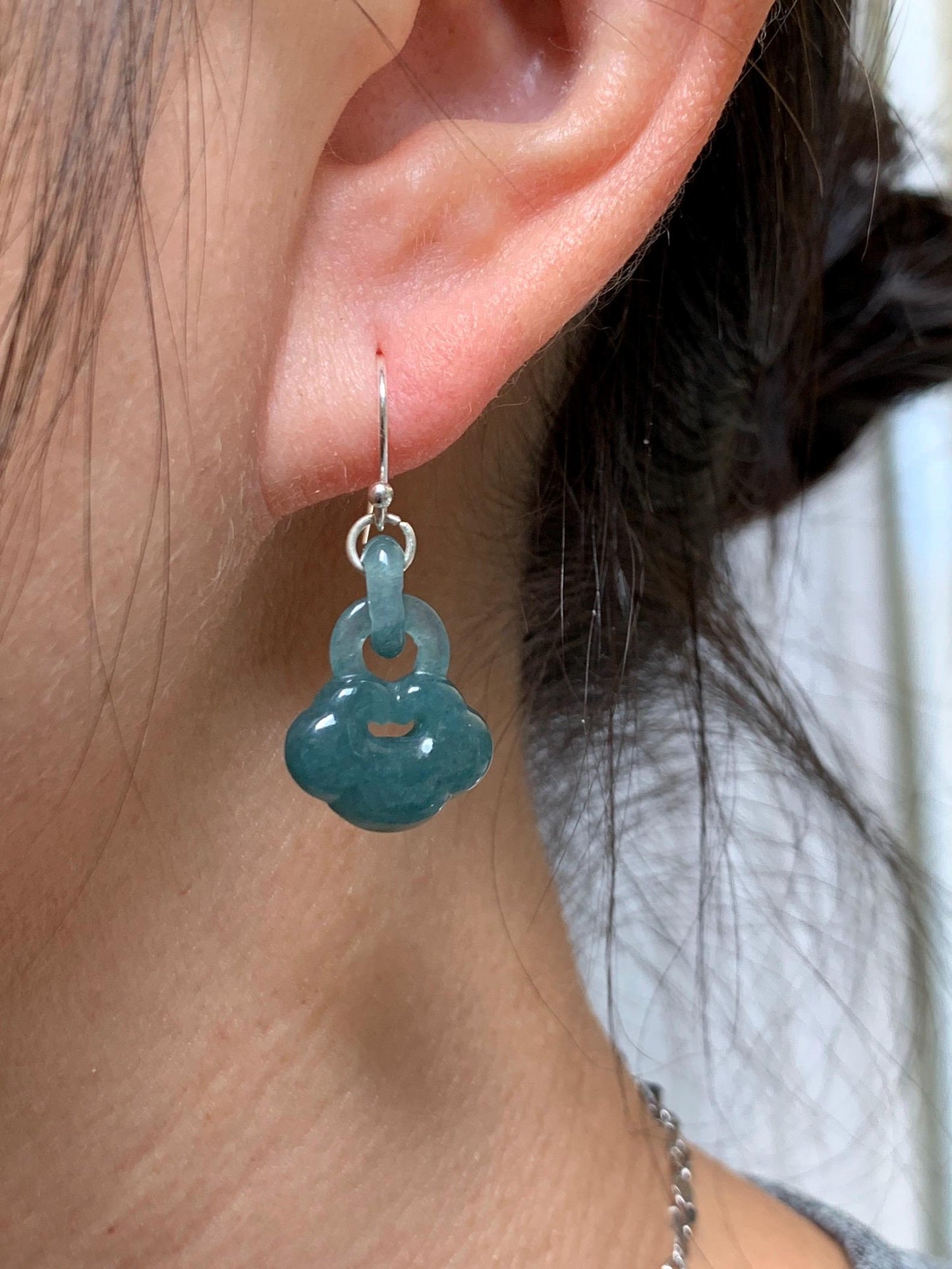 Natural Grade A Guatemalan Icy Teal Blue Jade Jadeite Ruyi w/ Interlocking Rings Dangle Earrings Sterling Silver 天然冰危蓝翡翠如意锁包环环相扣耳钩 WH220A