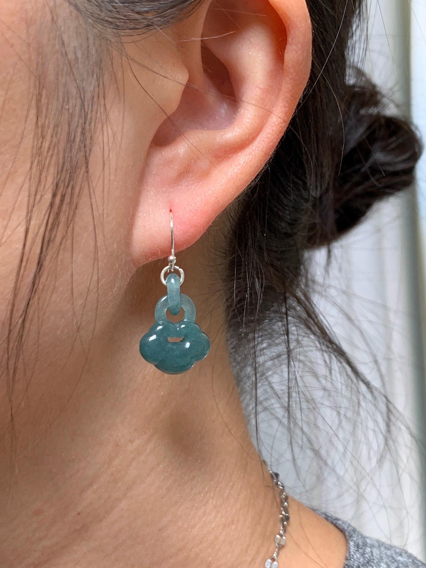 Natural Grade A Guatemalan Icy Teal Blue Jade Jadeite Ruyi w/ Interlocking Rings Dangle Earrings Sterling Silver 天然冰危蓝翡翠如意锁包环环相扣耳钩 WH220A
