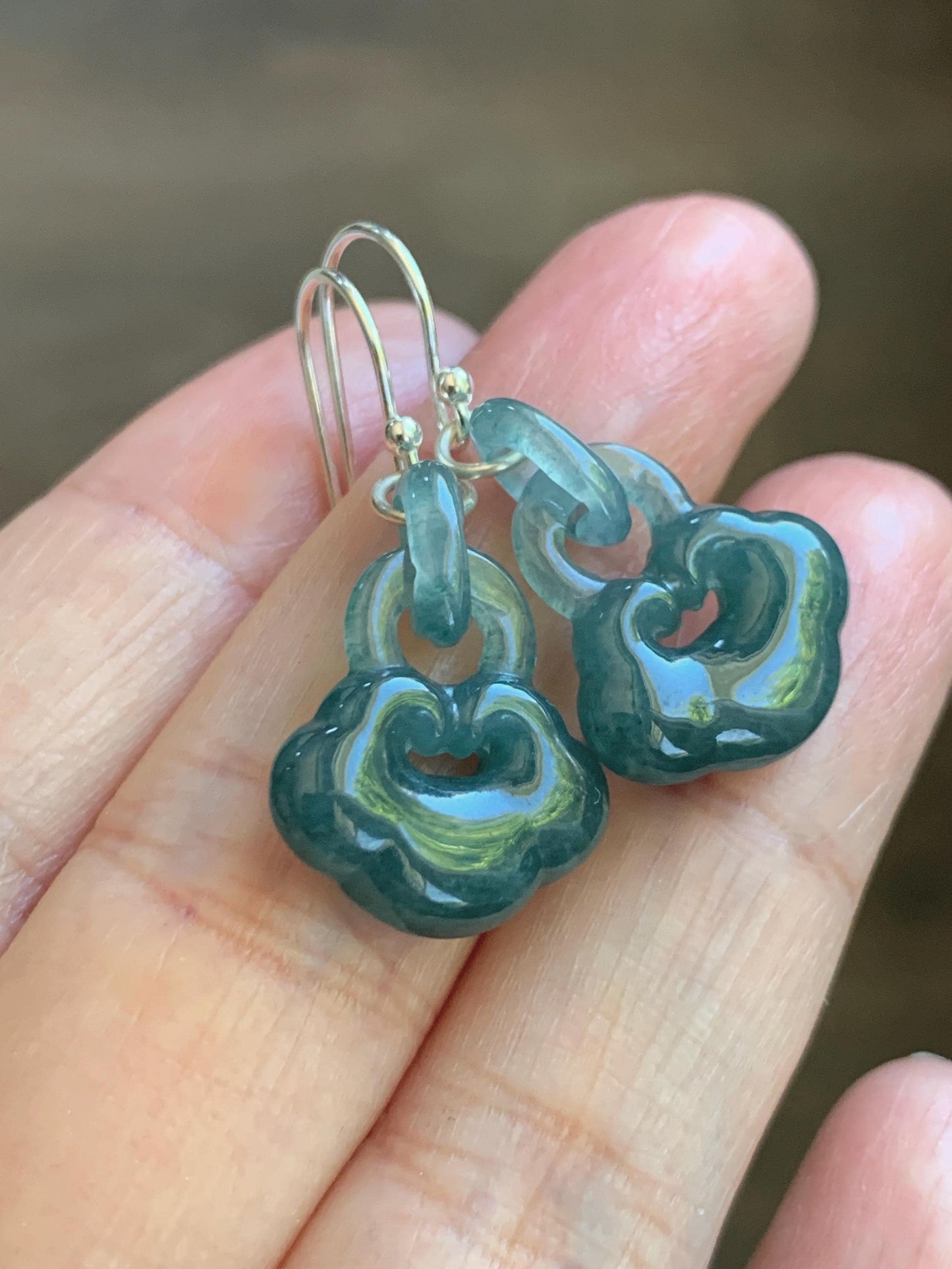 Natural Grade A Guatemalan Icy Teal Blue Jade Jadeite Ruyi w/ Interlocking Rings Dangle Earrings Sterling Silver 天然冰危蓝翡翠如意锁包环环相扣耳钩 WH220A
