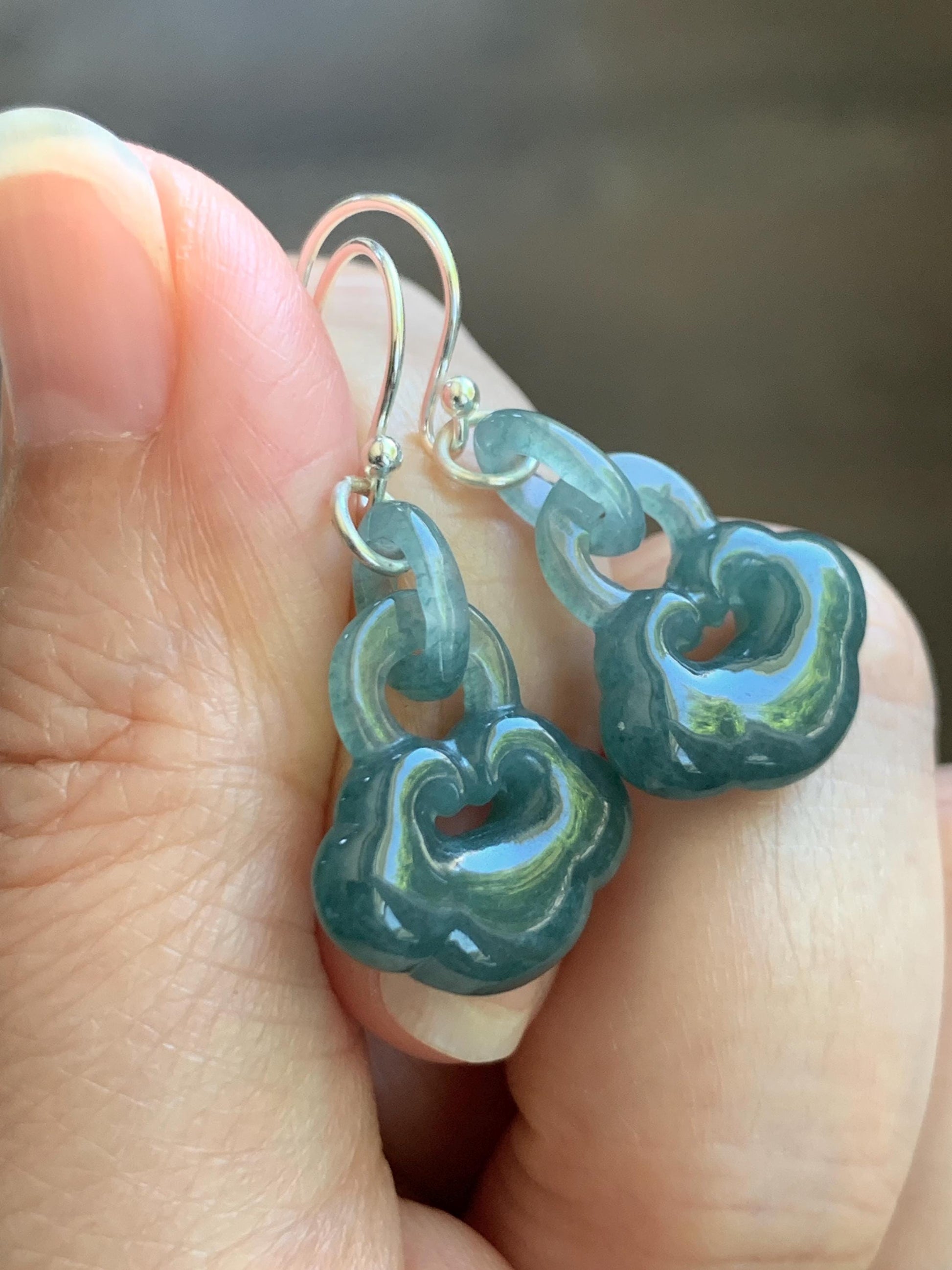 Natural Grade A Guatemalan Icy Teal Blue Jade Jadeite Ruyi w/ Interlocking Rings Dangle Earrings Sterling Silver 天然冰危蓝翡翠如意锁包环环相扣耳钩 WH220A