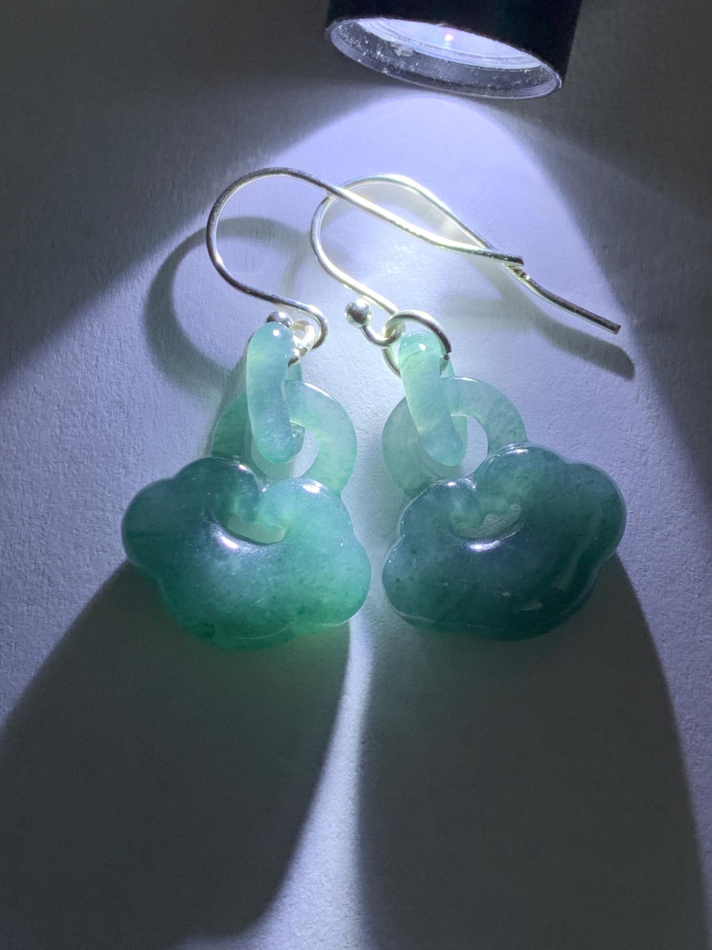 Natural Grade A Guatemalan Icy Teal Blue Jade Jadeite Ruyi w/ Interlocking Rings Dangle Earrings Sterling Silver 天然冰危蓝翡翠如意锁包环环相扣耳钩 WH220A