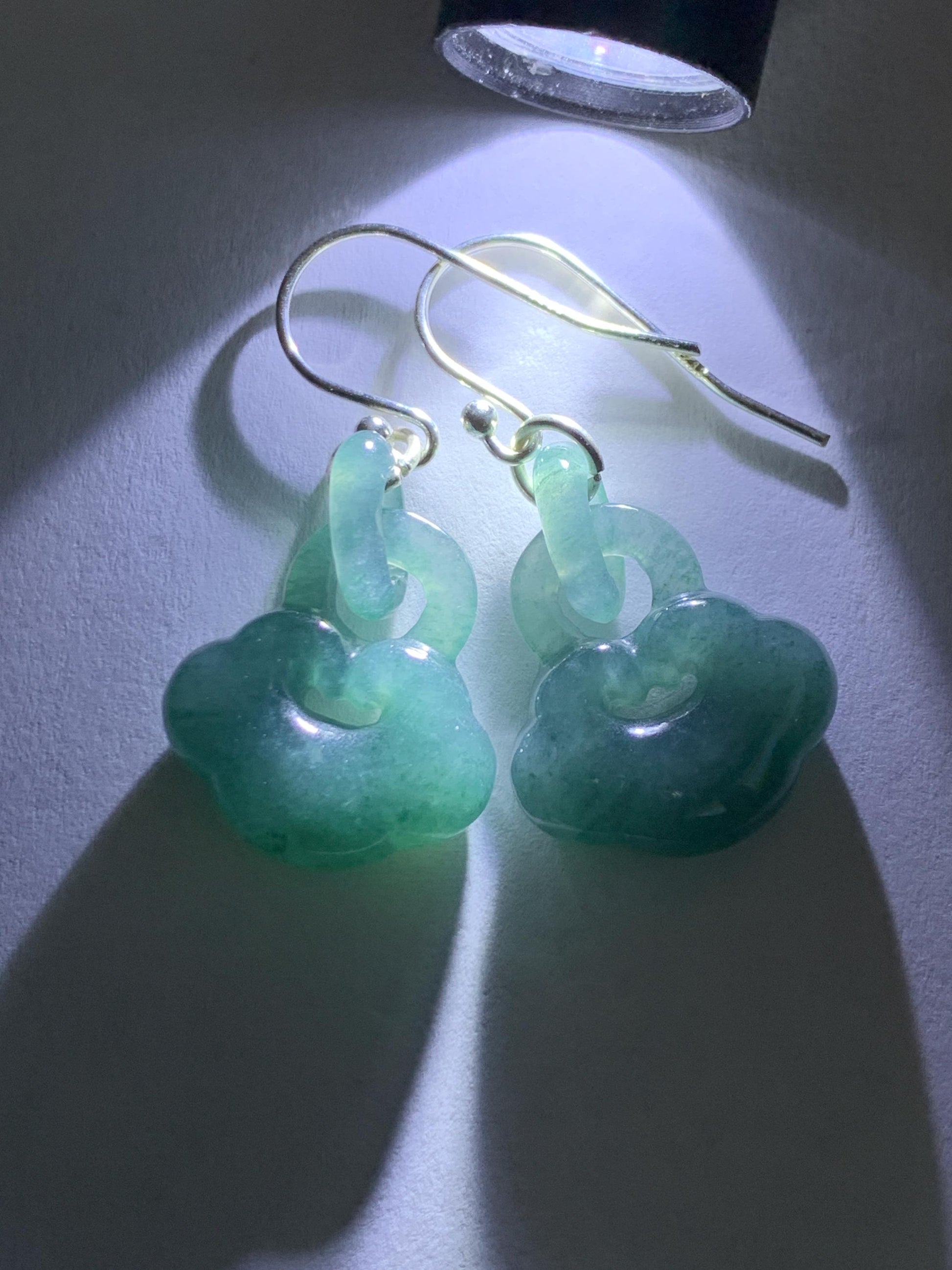 Natural Grade A Guatemalan Icy Teal Blue Jade Jadeite Ruyi w/ Interlocking Rings Dangle Earrings Sterling Silver 天然冰危蓝翡翠如意锁包环环相扣耳钩 WH220A