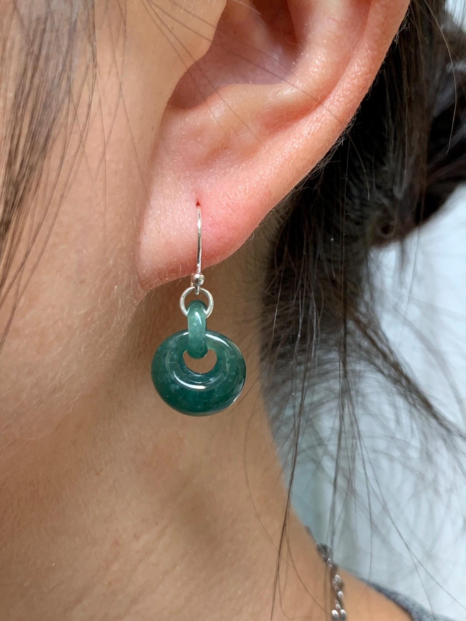 Natural Grade A Guatemalan Icy Teal Green Jade Jadeite Donut w/ Interlocking Rings Dangle Earrings Sterling Silver 天然冰危蓝绿翡翠环环相扣耳钩 WH220B