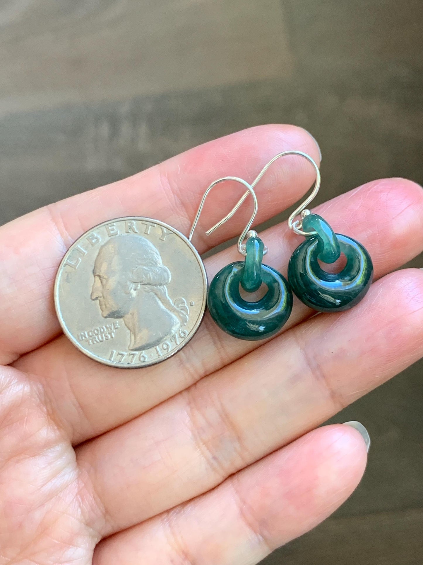 Natural Grade A Guatemalan Icy Teal Green Jade Jadeite Donut w/ Interlocking Rings Dangle Earrings Sterling Silver 天然冰危蓝绿翡翠环环相扣耳钩 WH220B