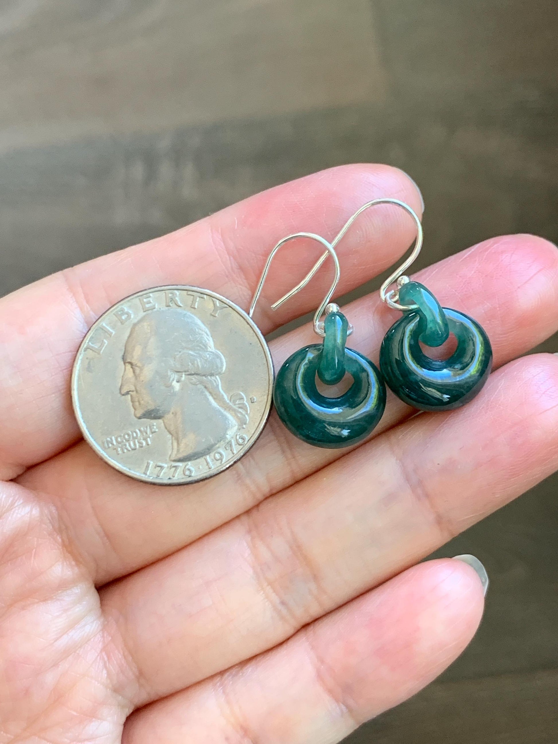 Natural Grade A Guatemalan Icy Teal Green Jade Jadeite Donut w/ Interlocking Rings Dangle Earrings Sterling Silver 天然冰危蓝绿翡翠环环相扣耳钩 WH220B