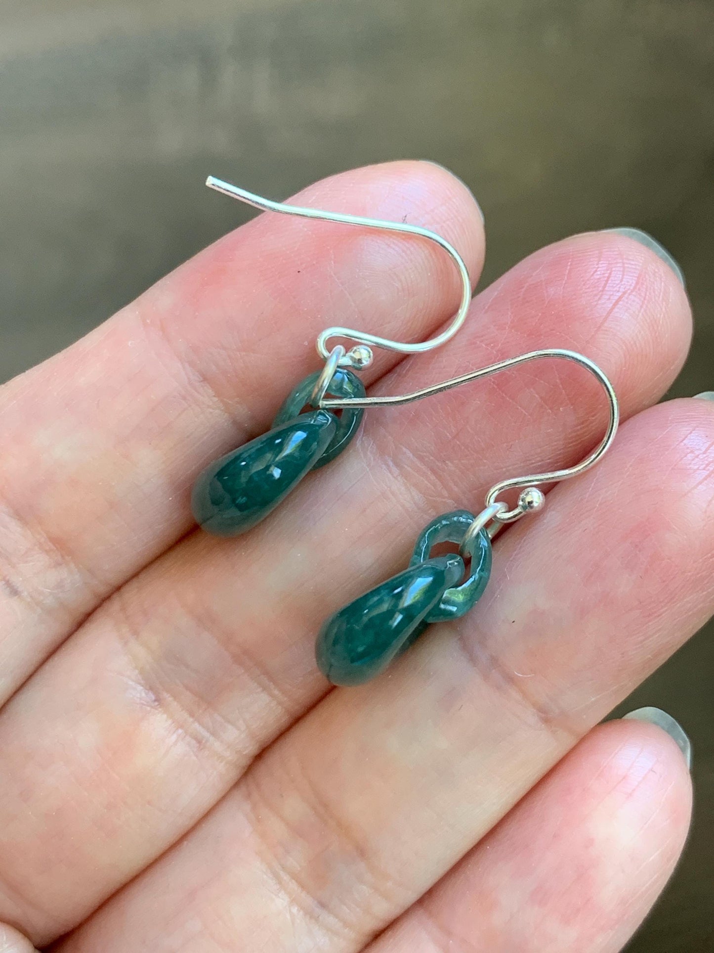 Natural Grade A Guatemalan Icy Teal Green Jade Jadeite Donut w/ Interlocking Rings Dangle Earrings Sterling Silver 天然冰危蓝绿翡翠环环相扣耳钩 WH220B