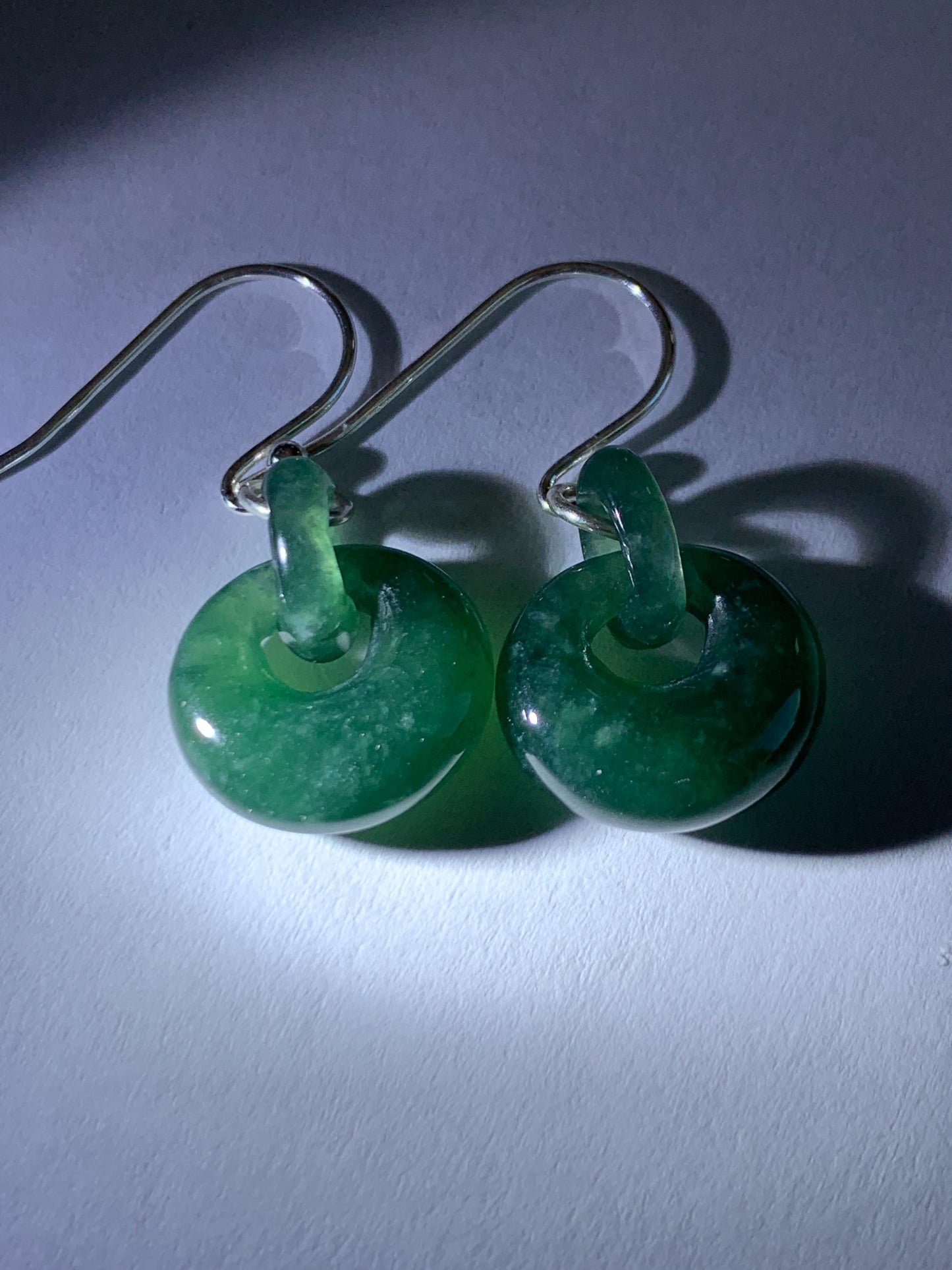 Natural Grade A Guatemalan Icy Teal Green Jade Jadeite Donut w/ Interlocking Rings Dangle Earrings Sterling Silver 天然冰危蓝绿翡翠环环相扣耳钩 WH220B