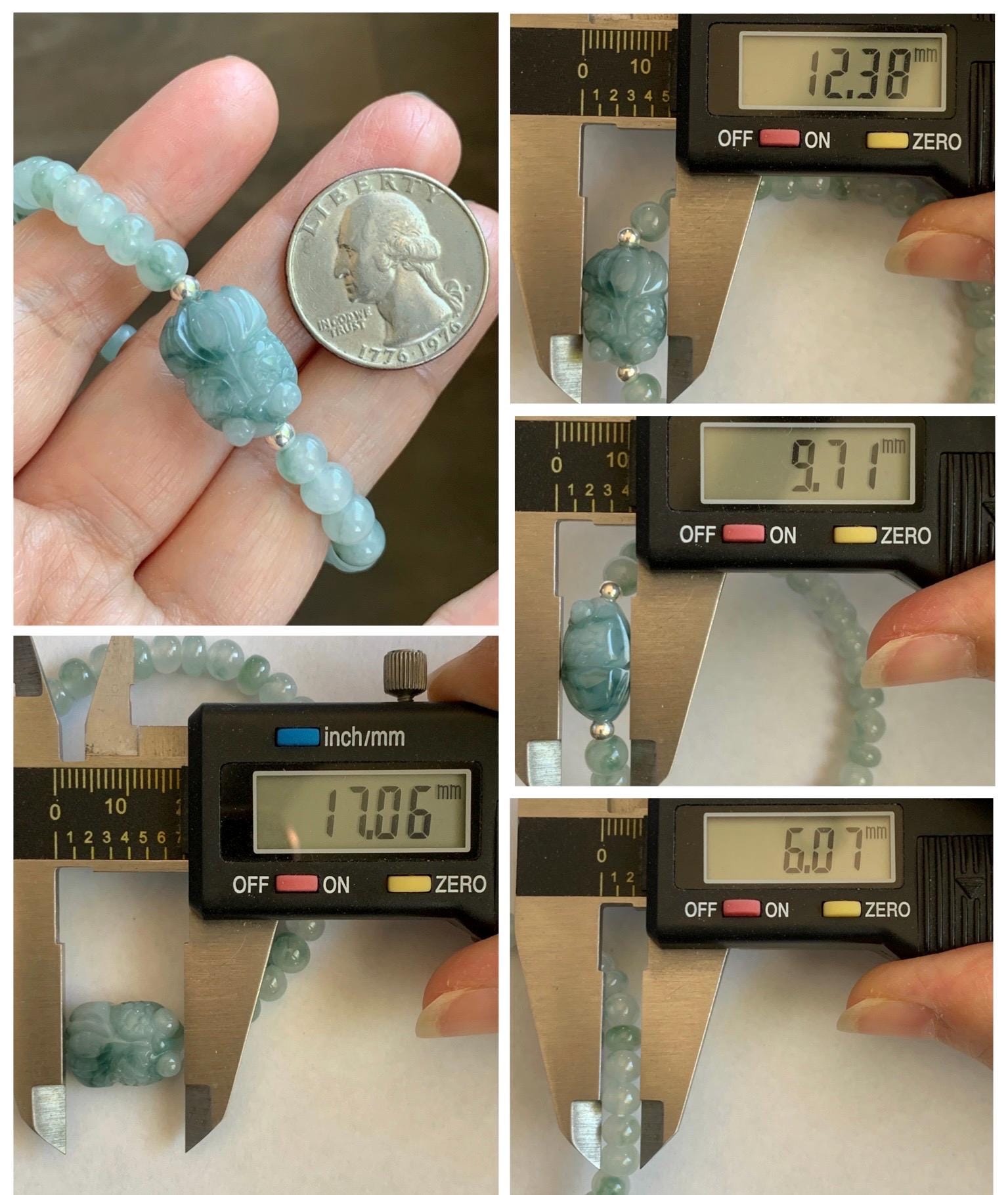 Natural Grade A Icy Translucent Light Green Marbled Jade Jadeite Drum Beads Goldfish Charm Beaded Bracelet 6.75" 14g 天然冰胶飘花翡翠鼓珠金鱼手串 MPJ425