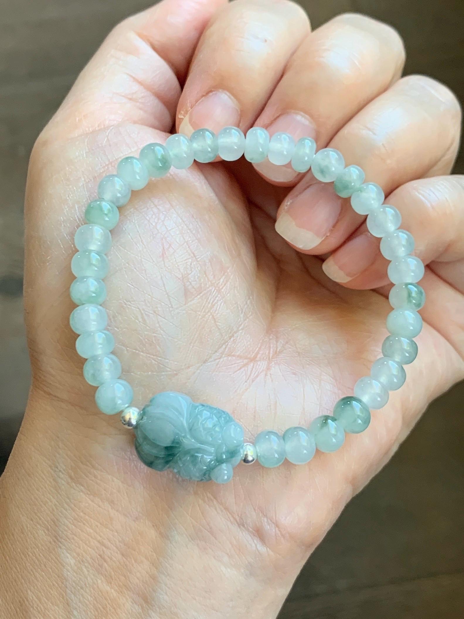 Natural Grade A Icy Translucent Light Green Marbled Jade Jadeite Drum Beads Goldfish Charm Beaded Bracelet 6.75" 14g 天然冰胶飘花翡翠鼓珠金鱼手串 MPJ425