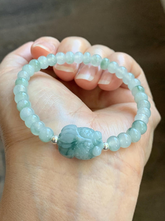 Natural Grade A Icy Translucent Light Green Marbled Jade Jadeite Drum Beads Goldfish Charm Beaded Bracelet 6.75" 14g 天然冰胶飘花翡翠鼓珠金鱼手串 MPJ425